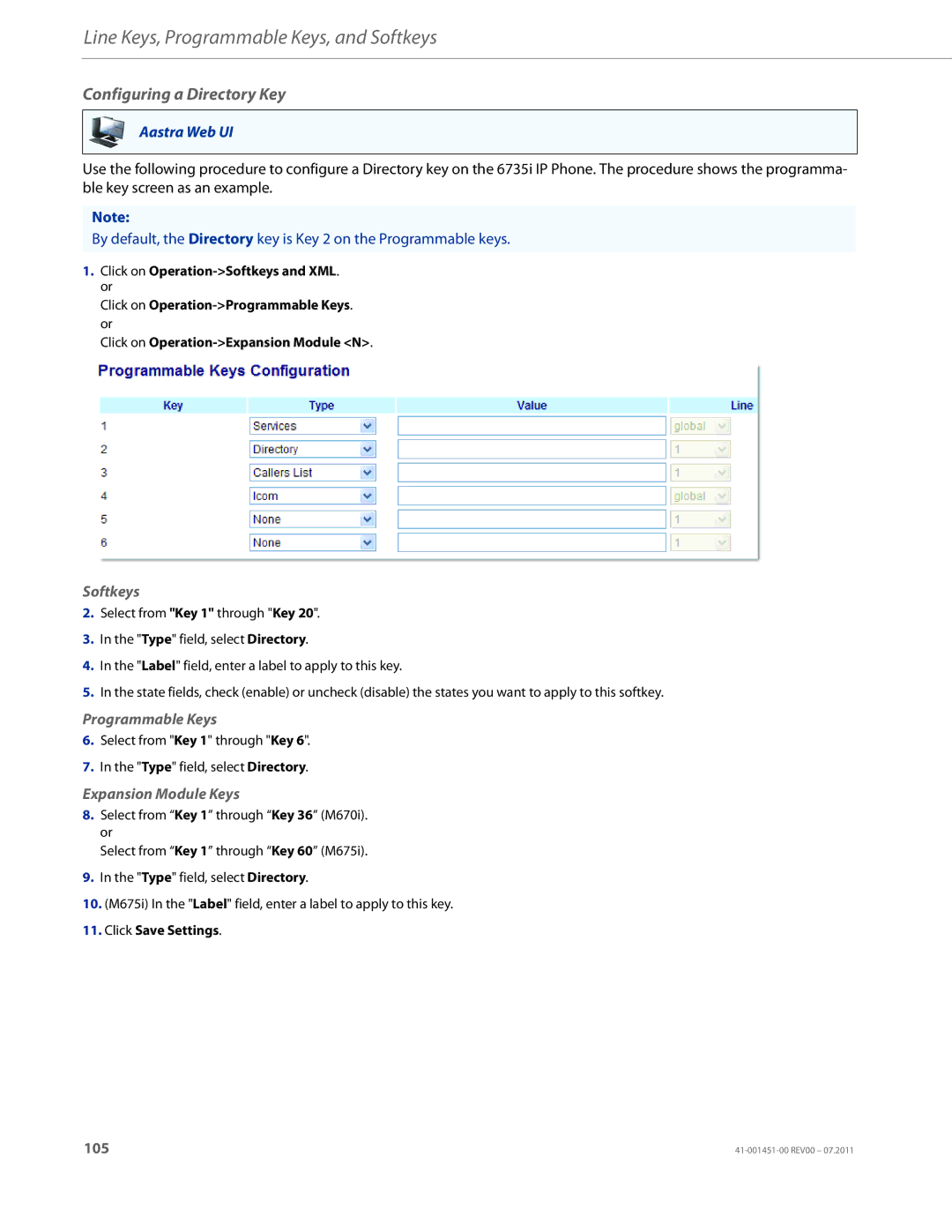 Aastra Telecom 6735I manual Configuring a Directory Key 