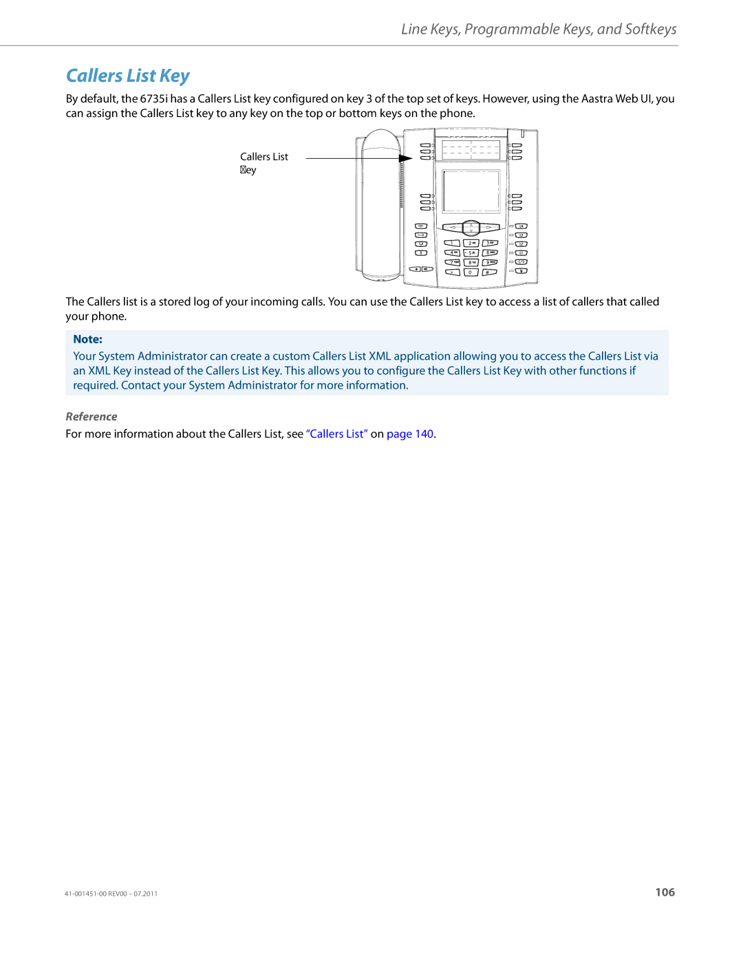 Aastra Telecom 6735I manual Callers List Key 