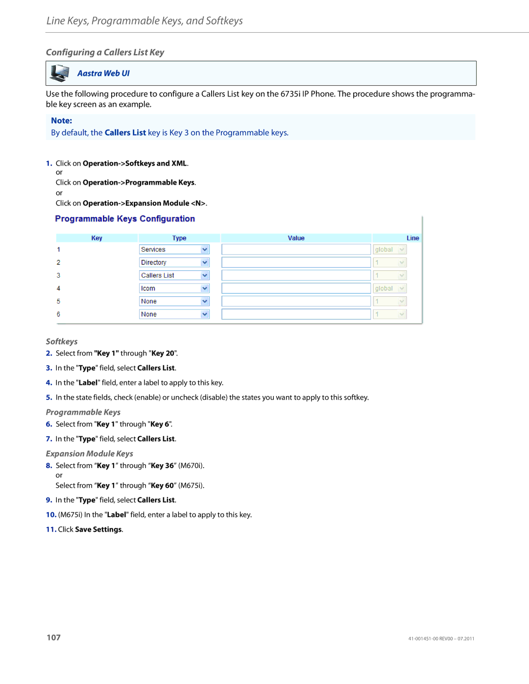 Aastra Telecom 6735I manual Configuring a Callers List Key 