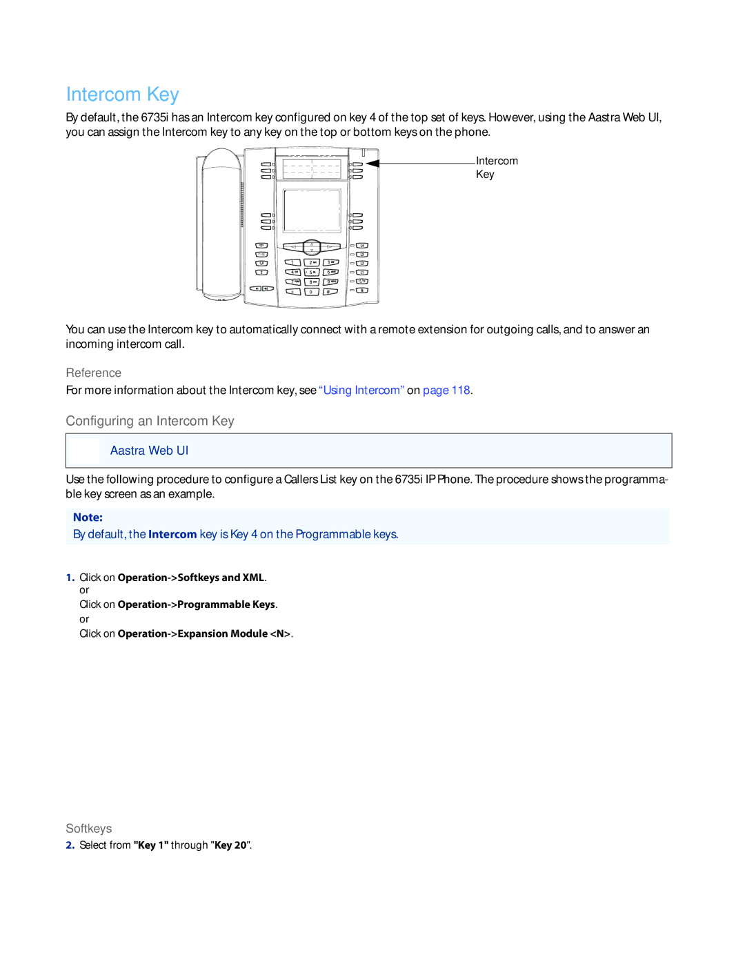 Aastra Telecom 6735I manual Configuring an Intercom Key 