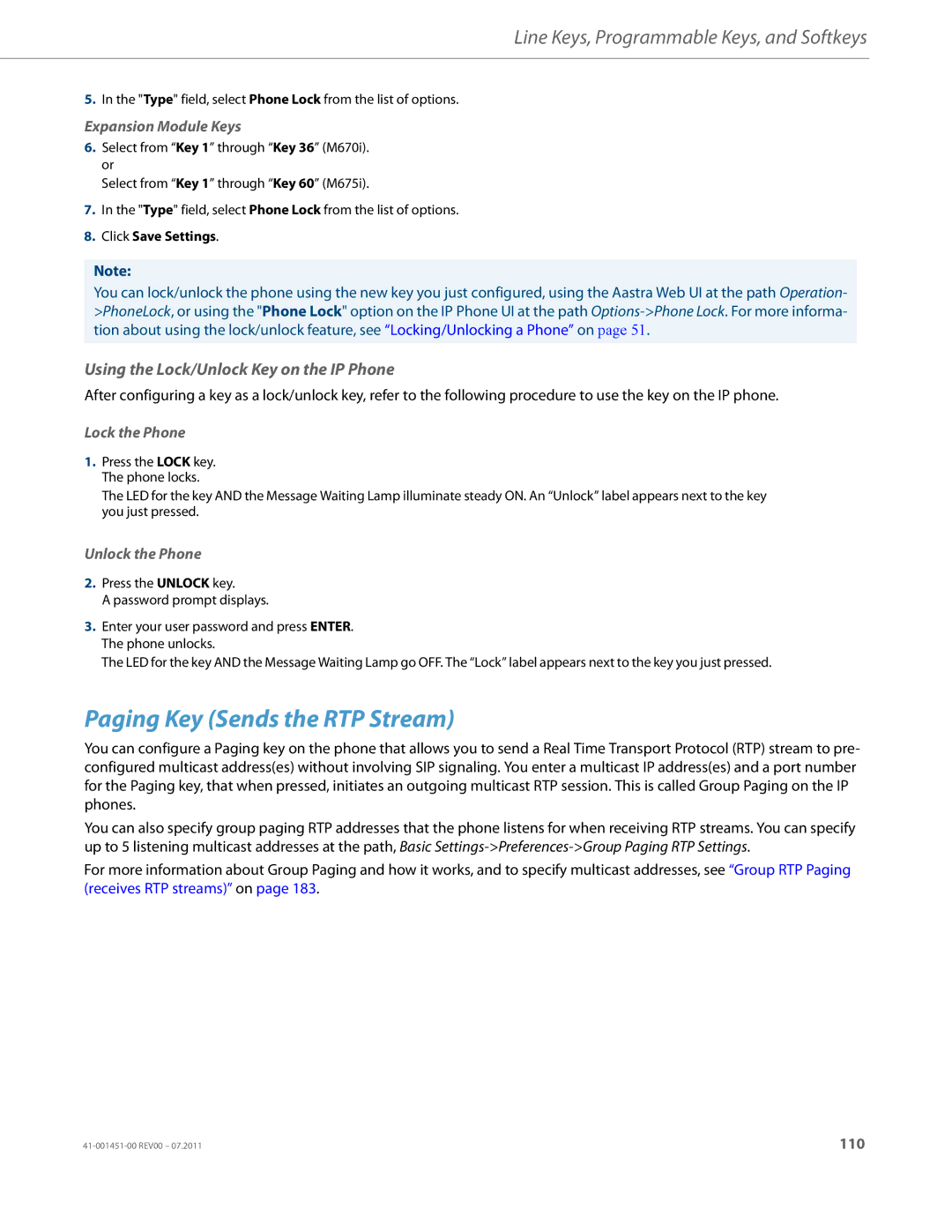 Aastra Telecom 6735I manual Paging Key Sends the RTP Stream, Using the Lock/Unlock Key on the IP Phone 