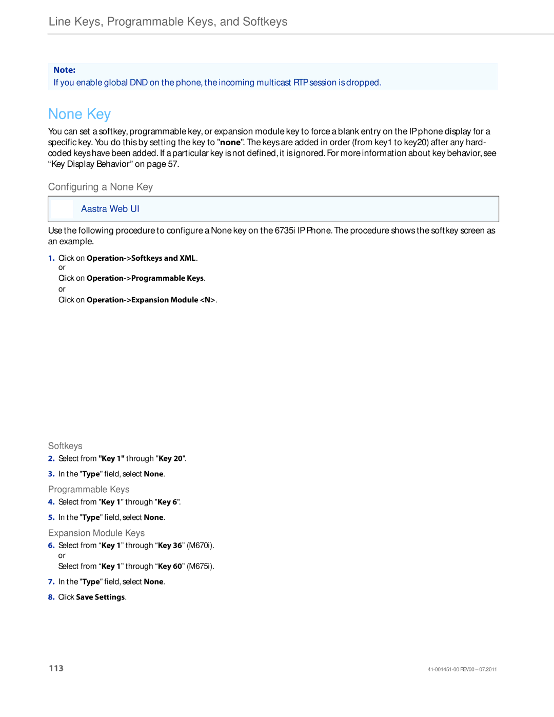 Aastra Telecom 6735I manual Configuring a None Key 