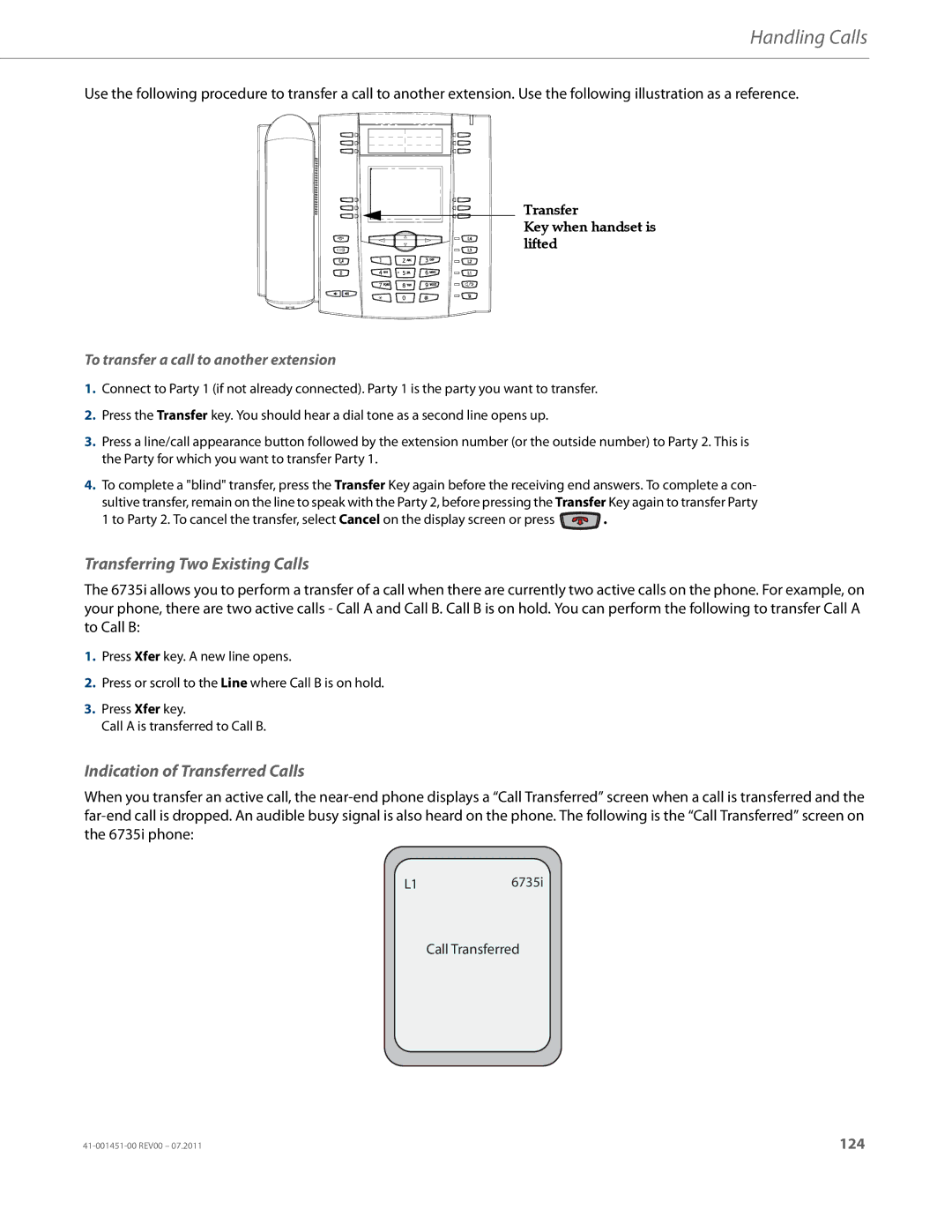 Aastra Telecom 6735I Transferring Two Existing Calls, Indication of Transferred Calls, Transfer Key when handset is lifted 