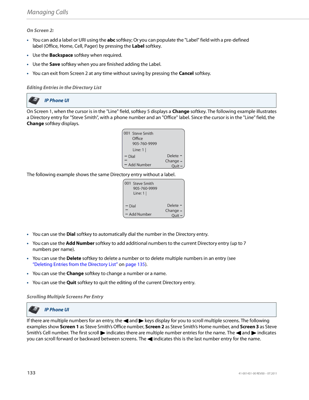 Aastra Telecom 6735I manual Editing Entries in the Directory List, Scrolling Multiple Screens Per Entry 