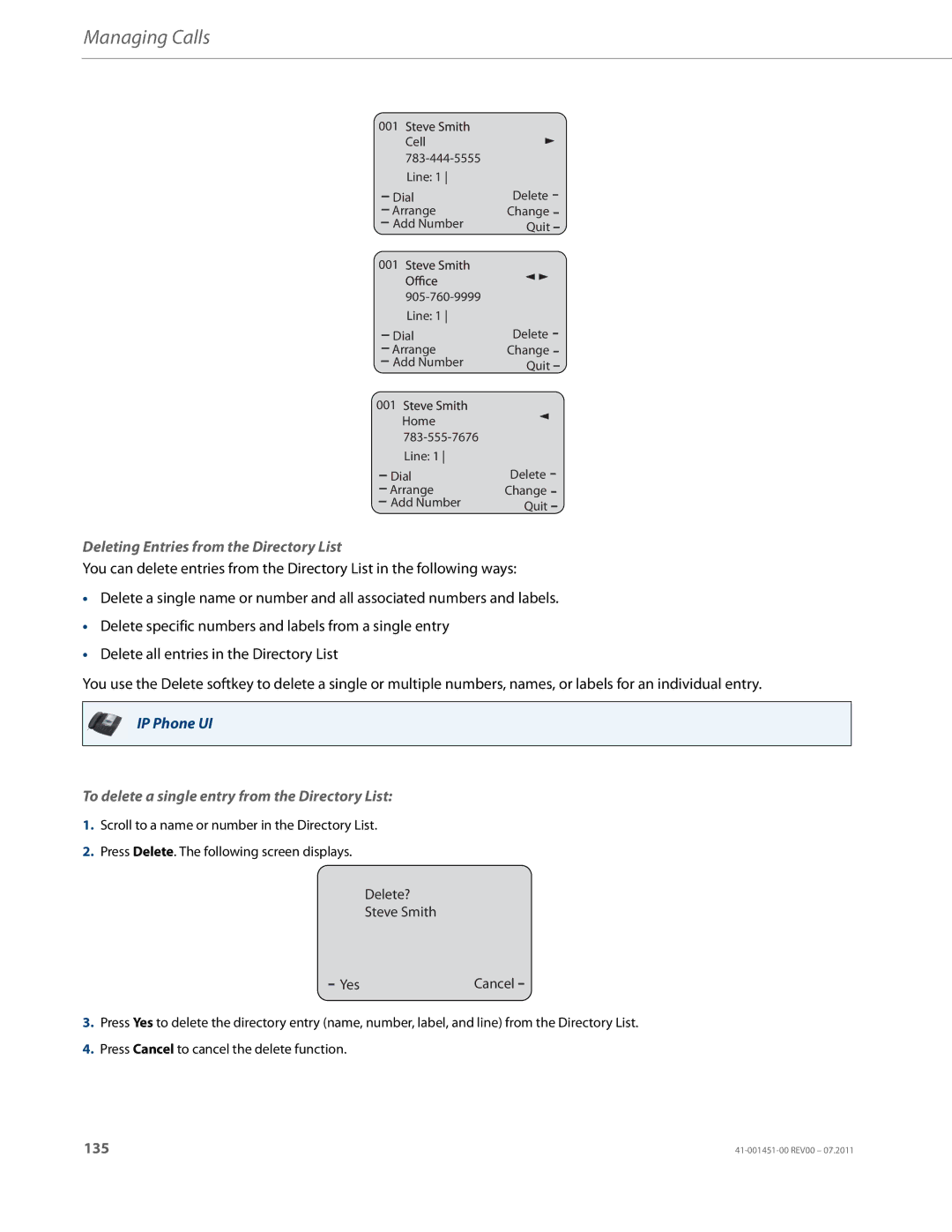 Aastra Telecom 6735I manual Deleting Entries from the Directory List, To delete a single entry from the Directory List 