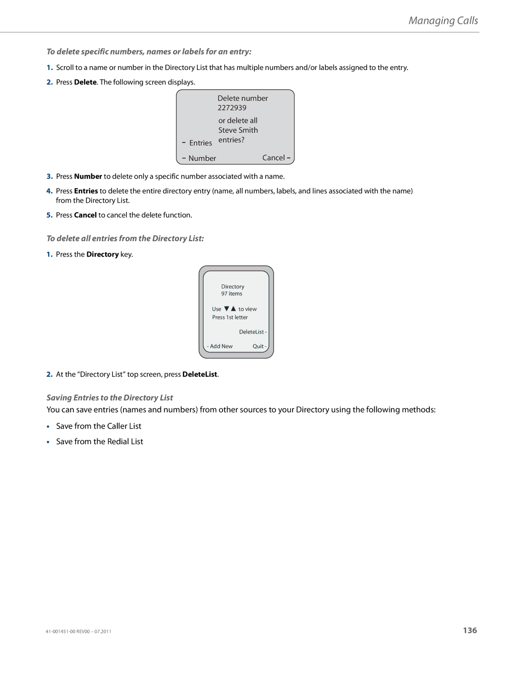 Aastra Telecom 6735I manual To delete specific numbers, names or labels for an entry, Saving Entries to the Directory List 