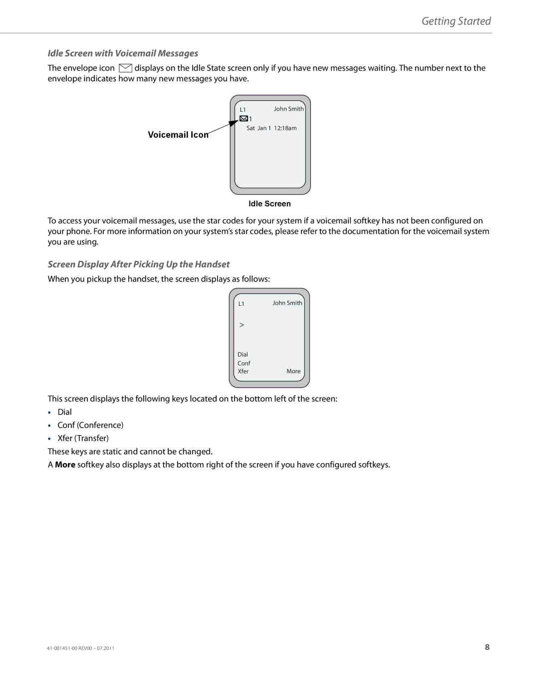 Aastra Telecom 6735I manual Idle Screen with Voicemail Messages, Screen Display After Picking Up the Handset 