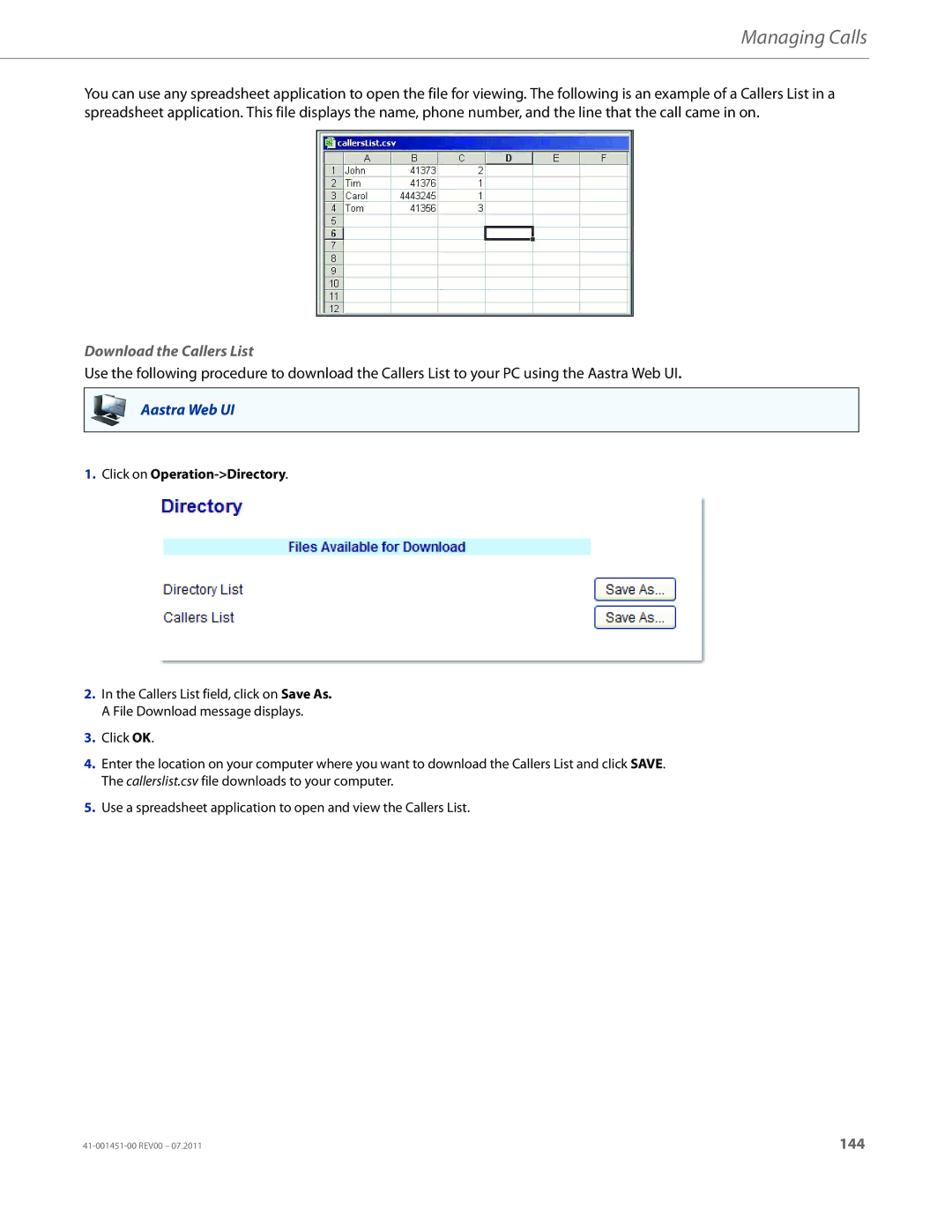 Aastra Telecom 6735I manual Download the Callers List, Click on Operation-Directory 