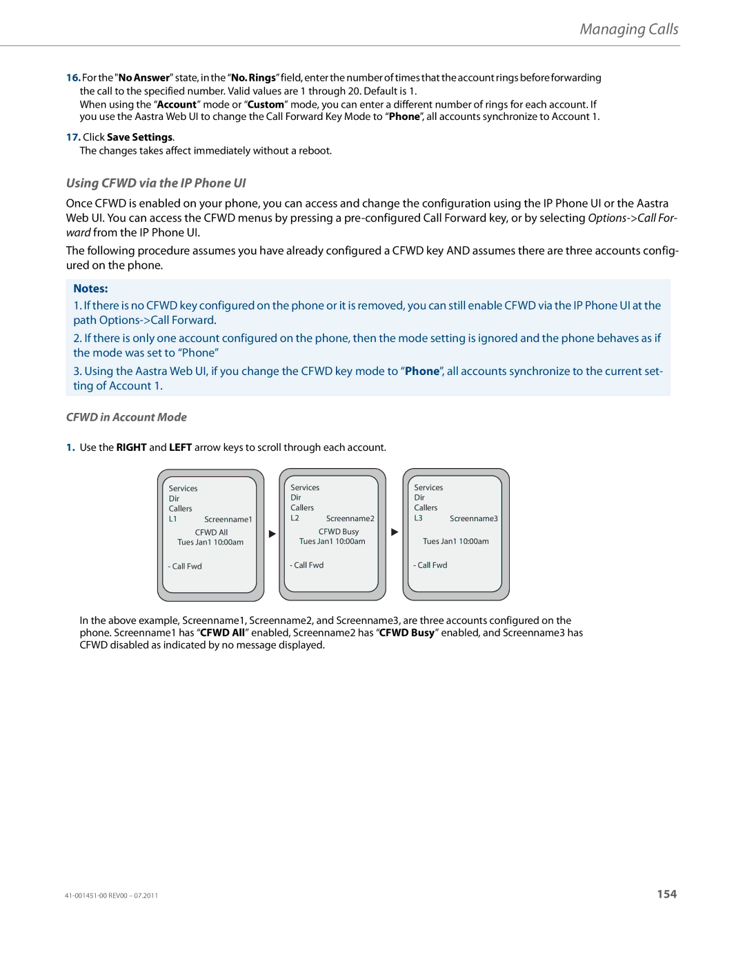 Aastra Telecom 6735I manual Using Cfwd via the IP Phone UI, Cfwd in Account Mode 