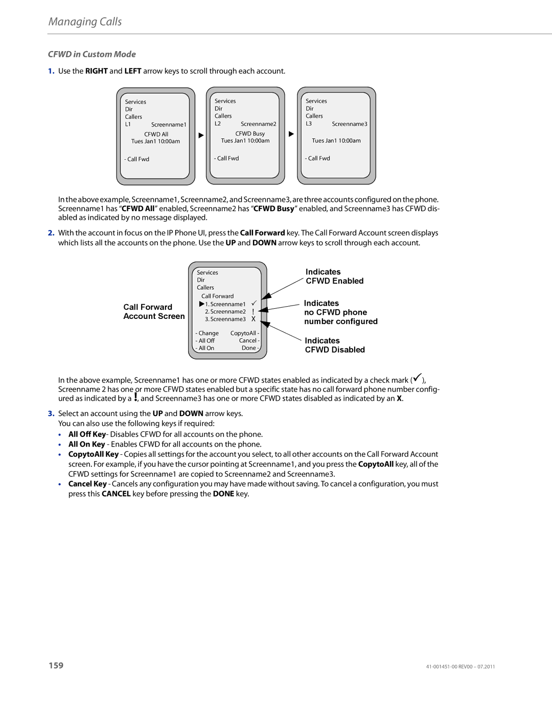 Aastra Telecom 6735I manual Cfwd in Custom Mode, Call Forward Account Screen 