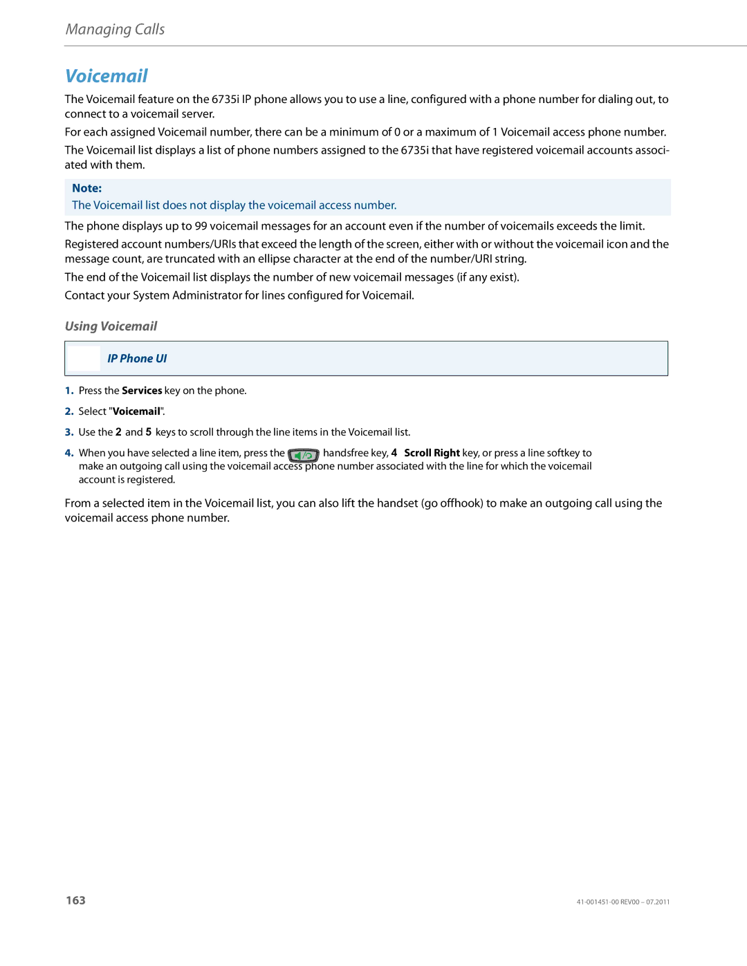 Aastra Telecom 6735I manual Using Voicemail 