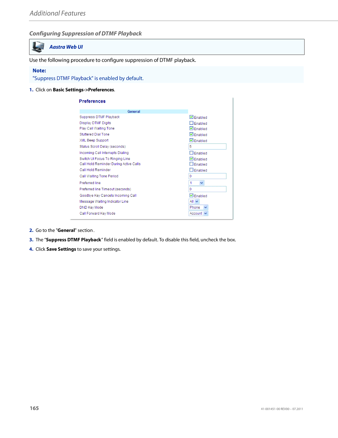 Aastra Telecom 6735I manual Configuring Suppression of Dtmf Playback, Click on Basic Settings-Preferences 