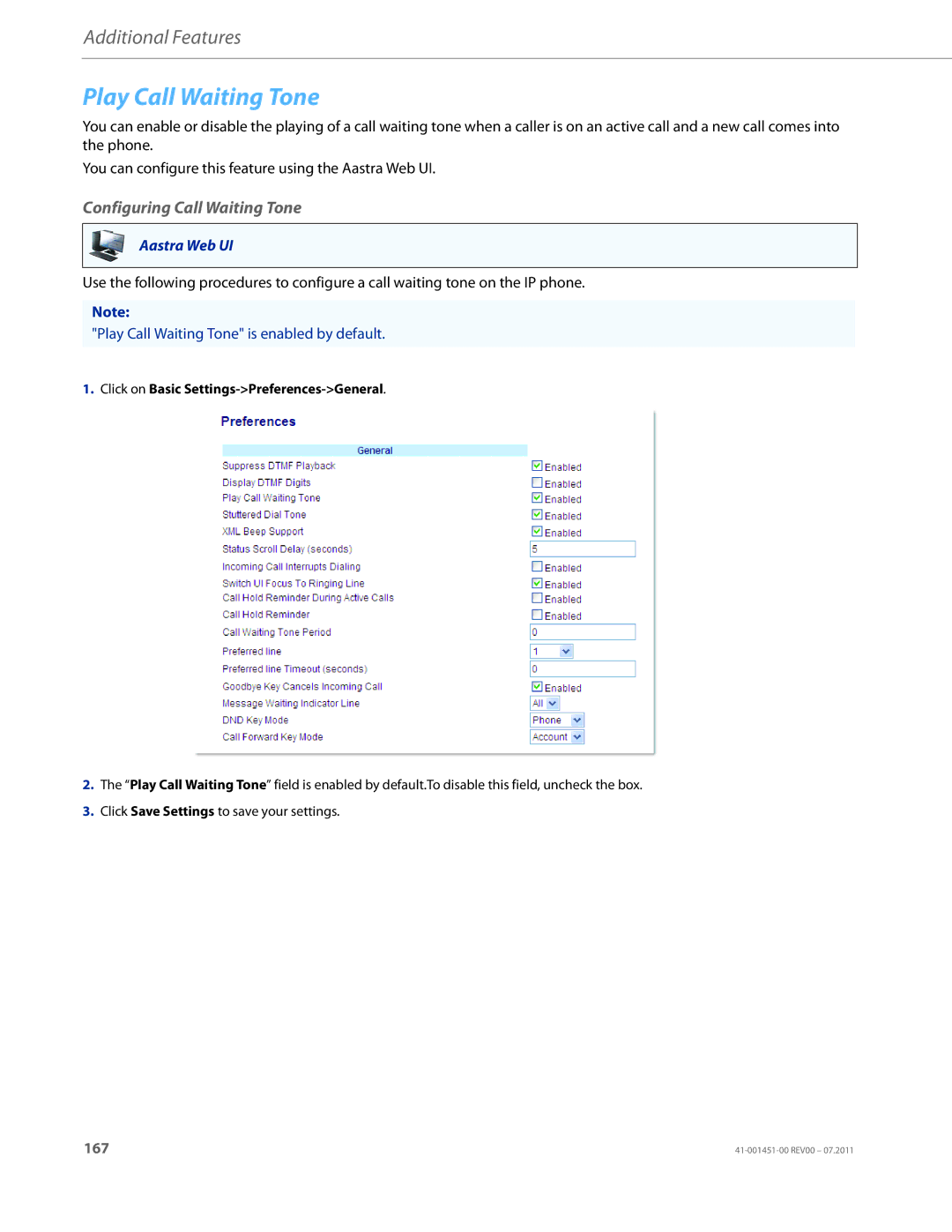 Aastra Telecom 6735I manual Play Call Waiting Tone, Configuring Call Waiting Tone 