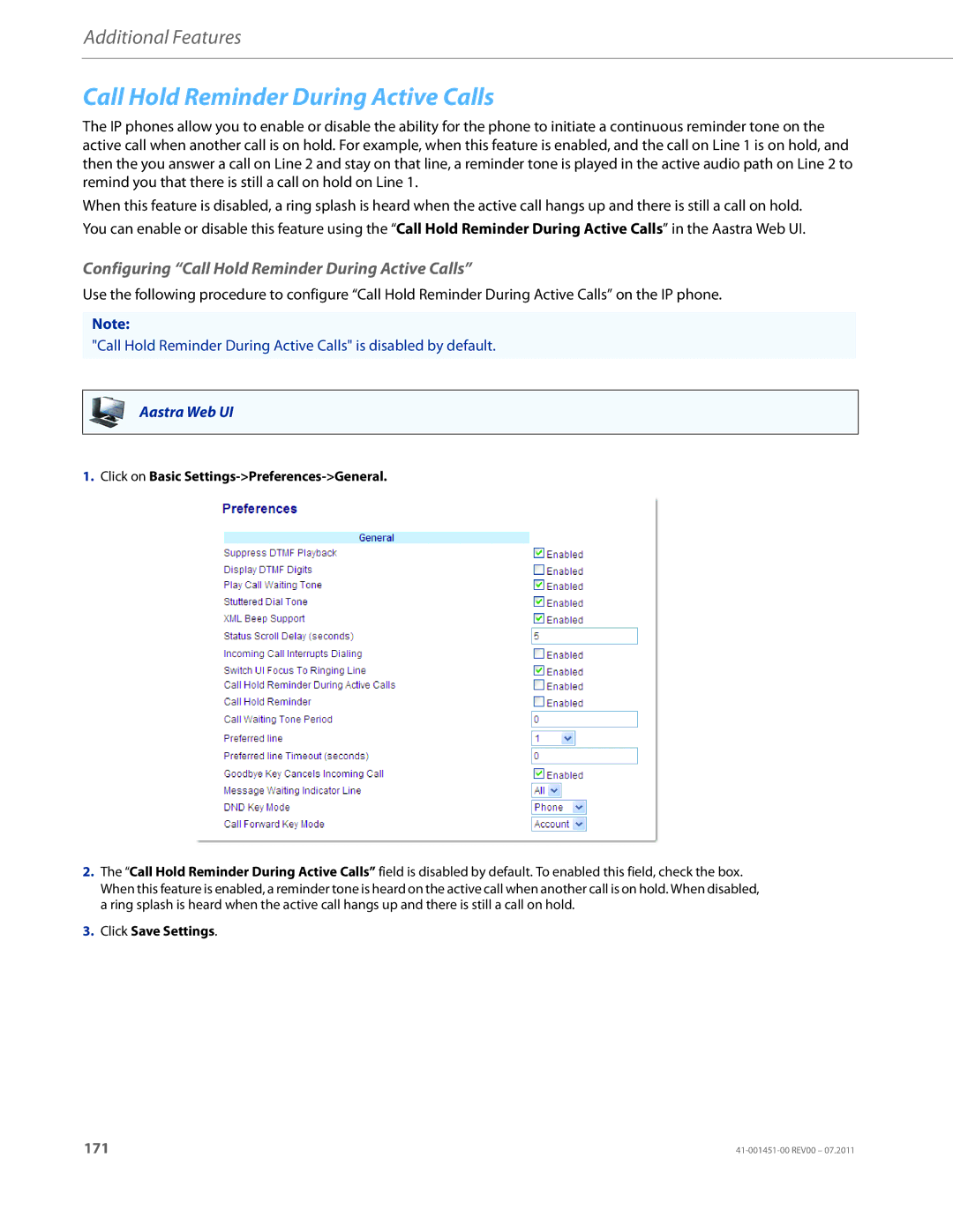 Aastra Telecom 6735I manual Configuring Call Hold Reminder During Active Calls 