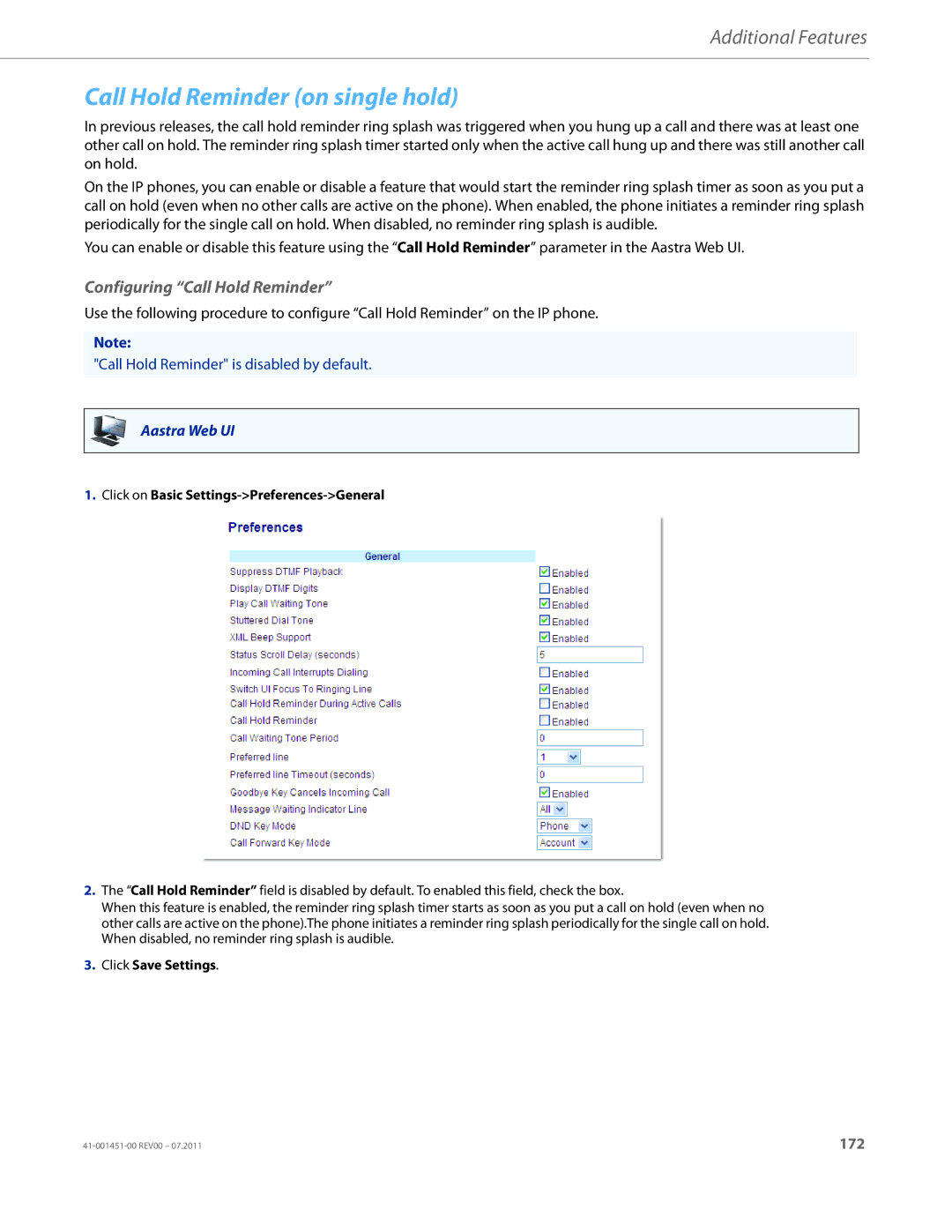 Aastra Telecom 6735I manual Call Hold Reminder on single hold, Configuring Call Hold Reminder 