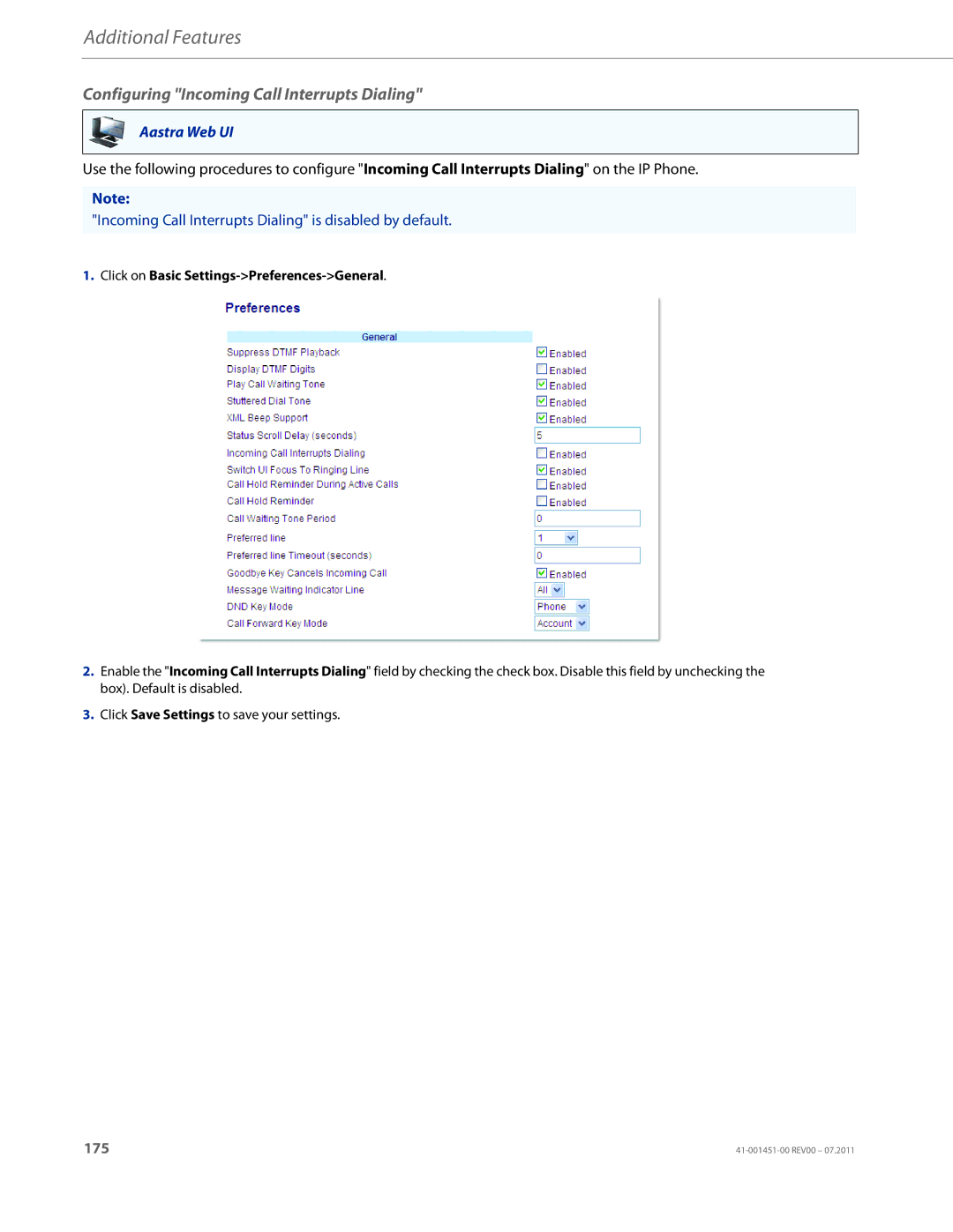 Aastra Telecom 6735I Configuring Incoming Call Interrupts Dialing, Incoming Call Interrupts Dialing is disabled by default 