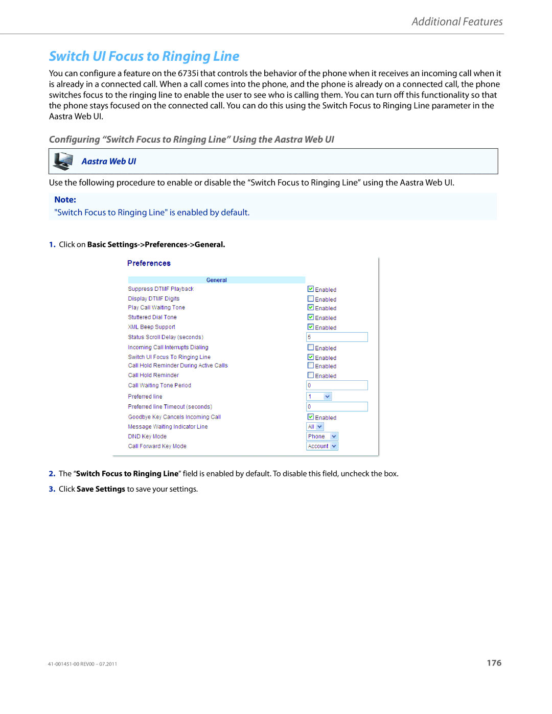 Aastra Telecom 6735I manual Switch UI Focus to Ringing Line, Switch Focus to Ringing Line is enabled by default 