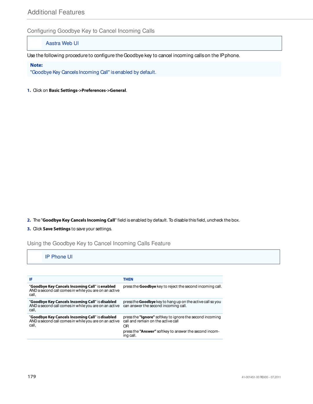 Aastra Telecom 6735I manual Configuring Goodbye Key to Cancel Incoming Calls 