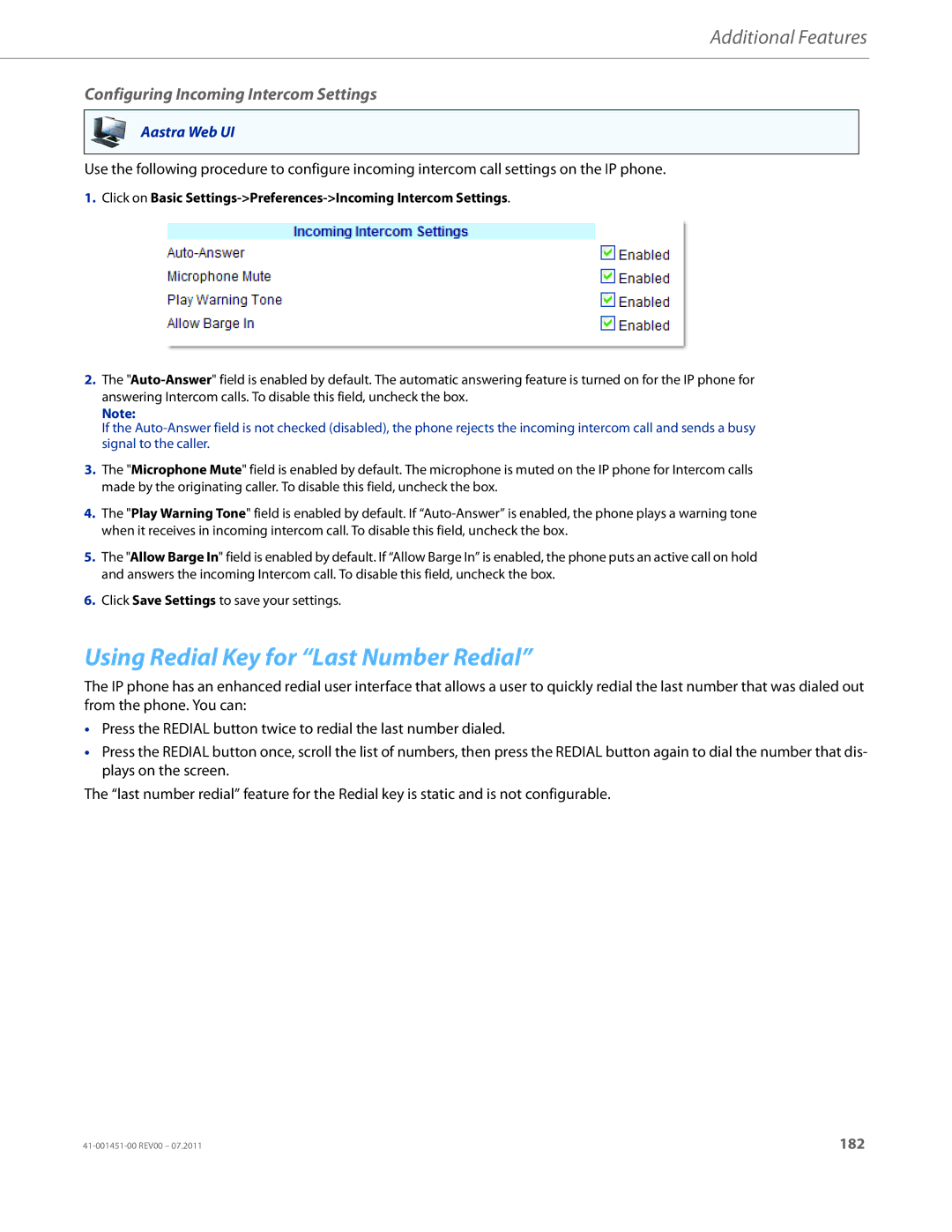 Aastra Telecom 6735I manual Using Redial Key for Last Number Redial, Configuring Incoming Intercom Settings 