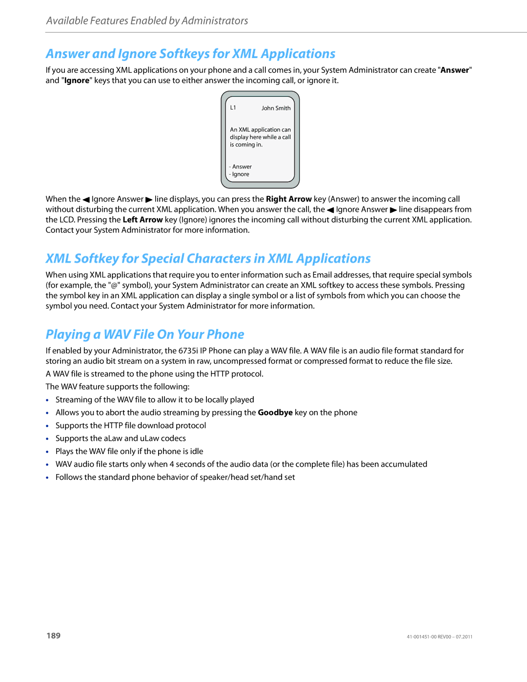 Aastra Telecom 6735I manual Answer and Ignore Softkeys for XML Applications, Playing a WAV File On Your Phone 