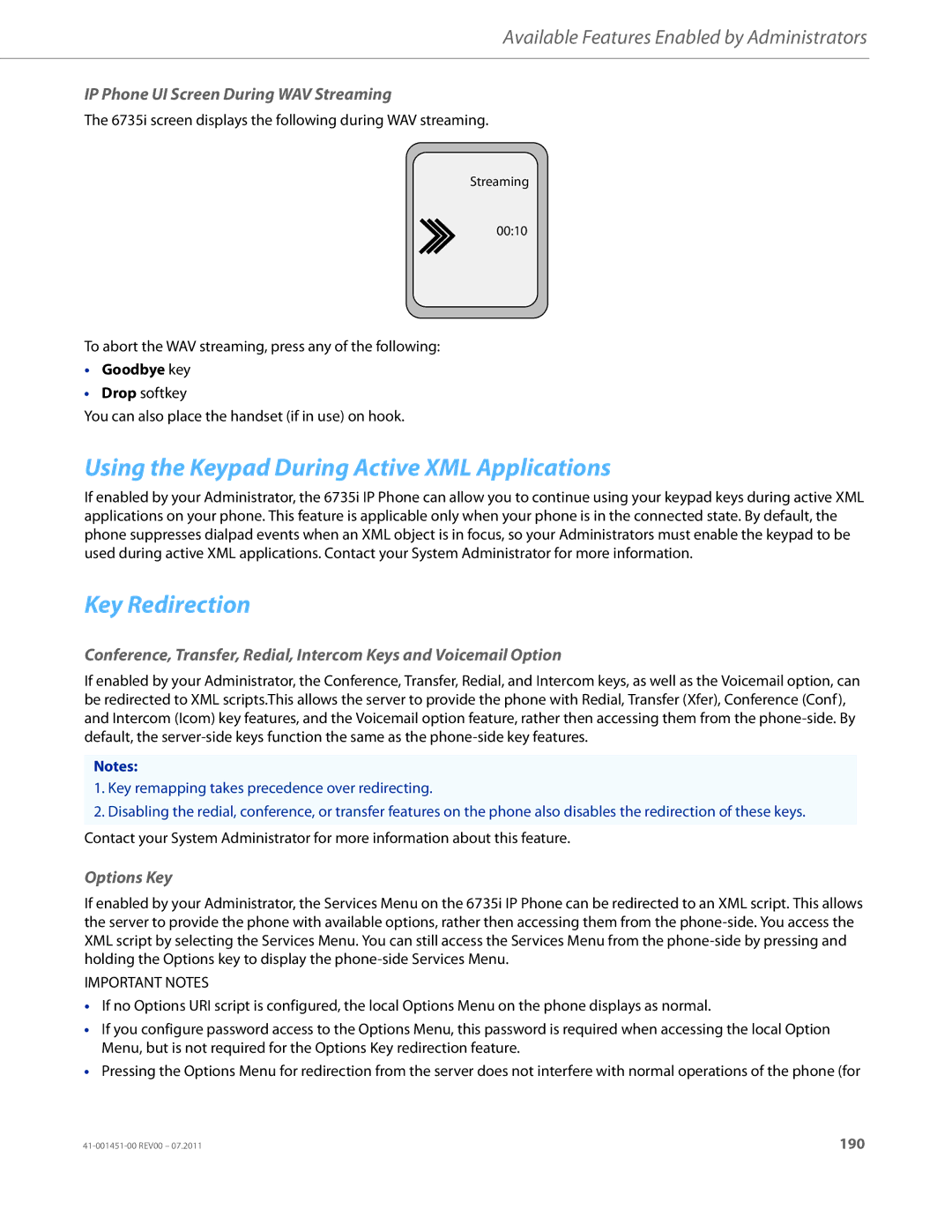 Aastra Telecom 6735I manual Using the Keypad During Active XML Applications, Key Redirection, Options Key 