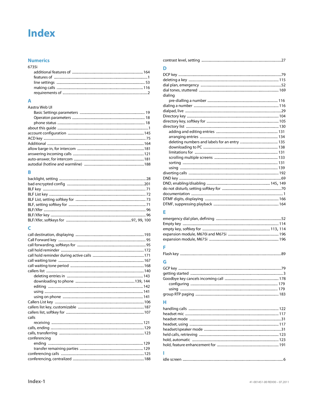 Aastra Telecom 6735I manual Index, Numerics 