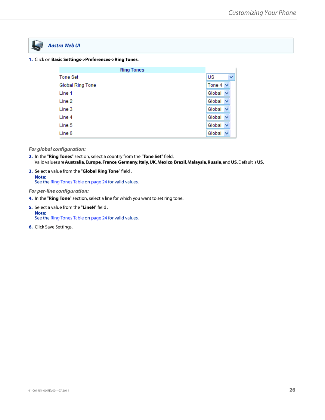 Aastra Telecom 6735I For global configuration, For per-line configuration, Click on Basic Settings-Preferences-Ring Tones 