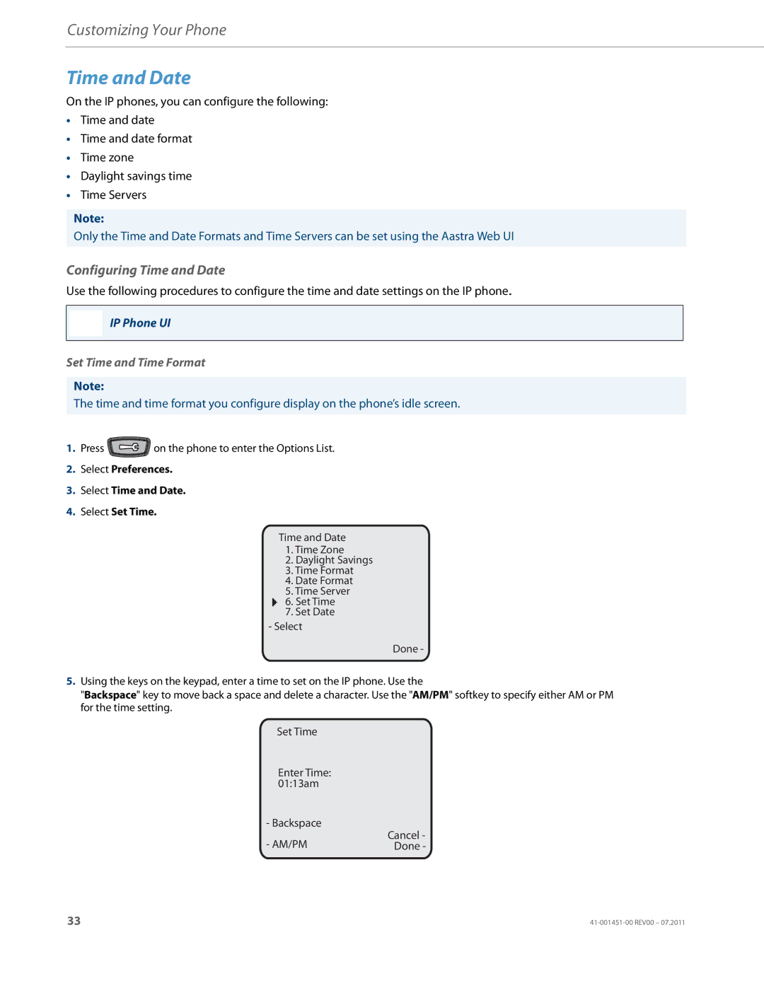 Aastra Telecom 6735I manual Configuring Time and Date, Set Time and Time Format 