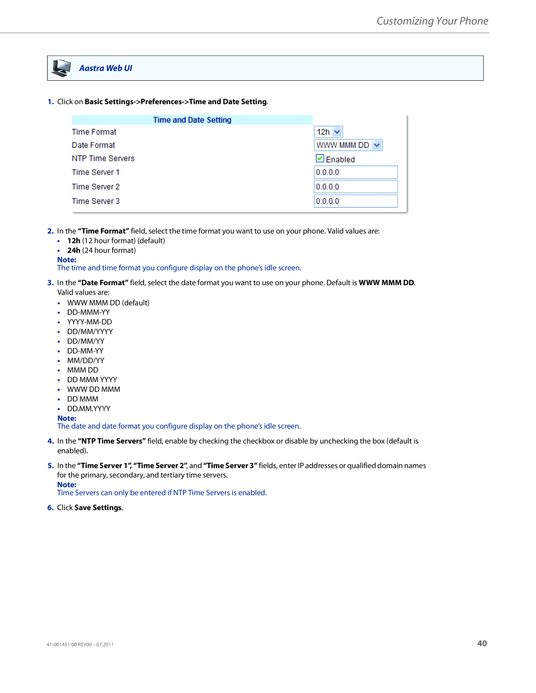 Aastra Telecom 6735I manual Click on Basic Settings-Preferences-Time and Date Setting, Click Save Settings 