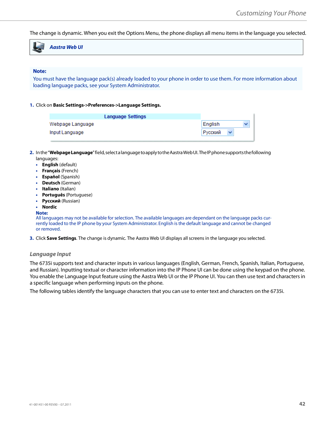 Aastra Telecom 6735I manual Language Input, Click on Basic Settings-Preferences-Language Settings 