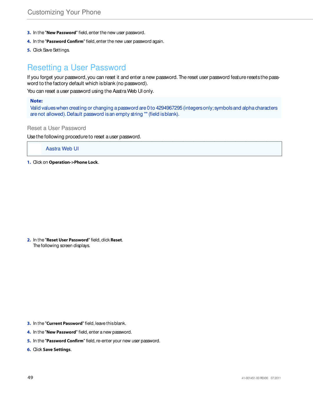 Aastra Telecom 6735I manual Resetting a User Password, Reset a User Password, Click on Operation-Phone Lock 