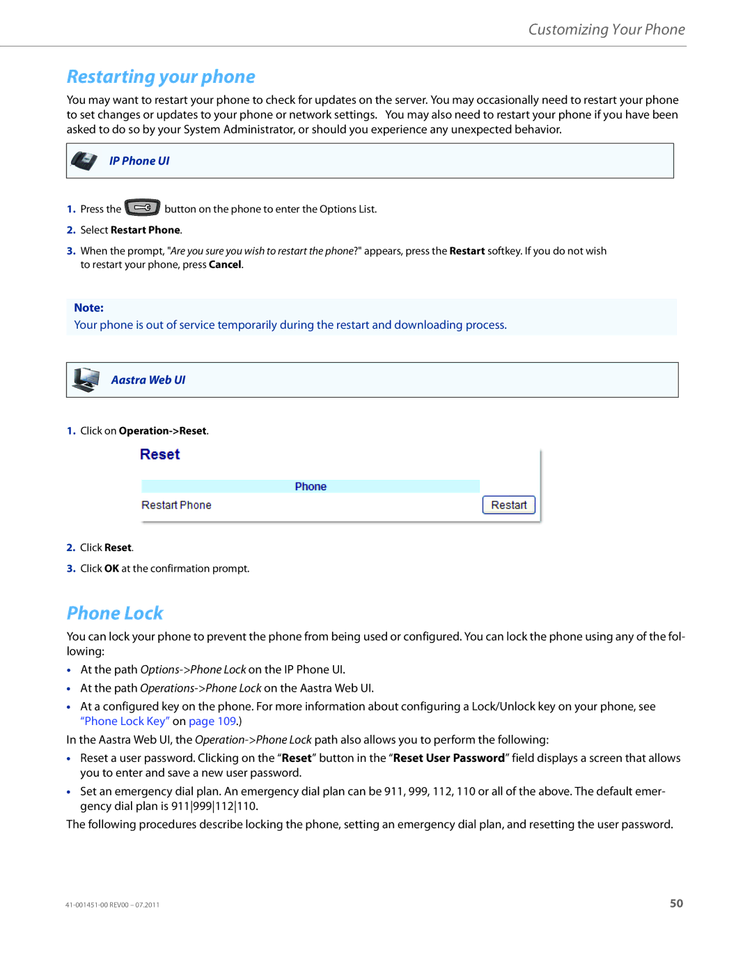 Aastra Telecom 6735I manual Restarting your phone, Phone Lock, Select Restart Phone, Click on Operation-Reset 