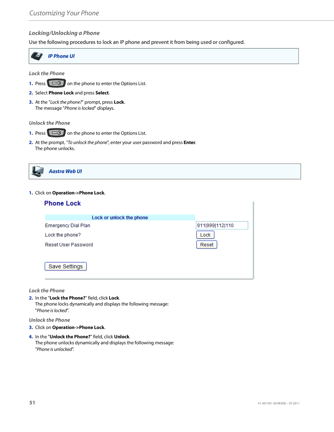 Aastra Telecom 6735I manual Locking/Unlocking a Phone, Lock the Phone, Unlock the Phone 