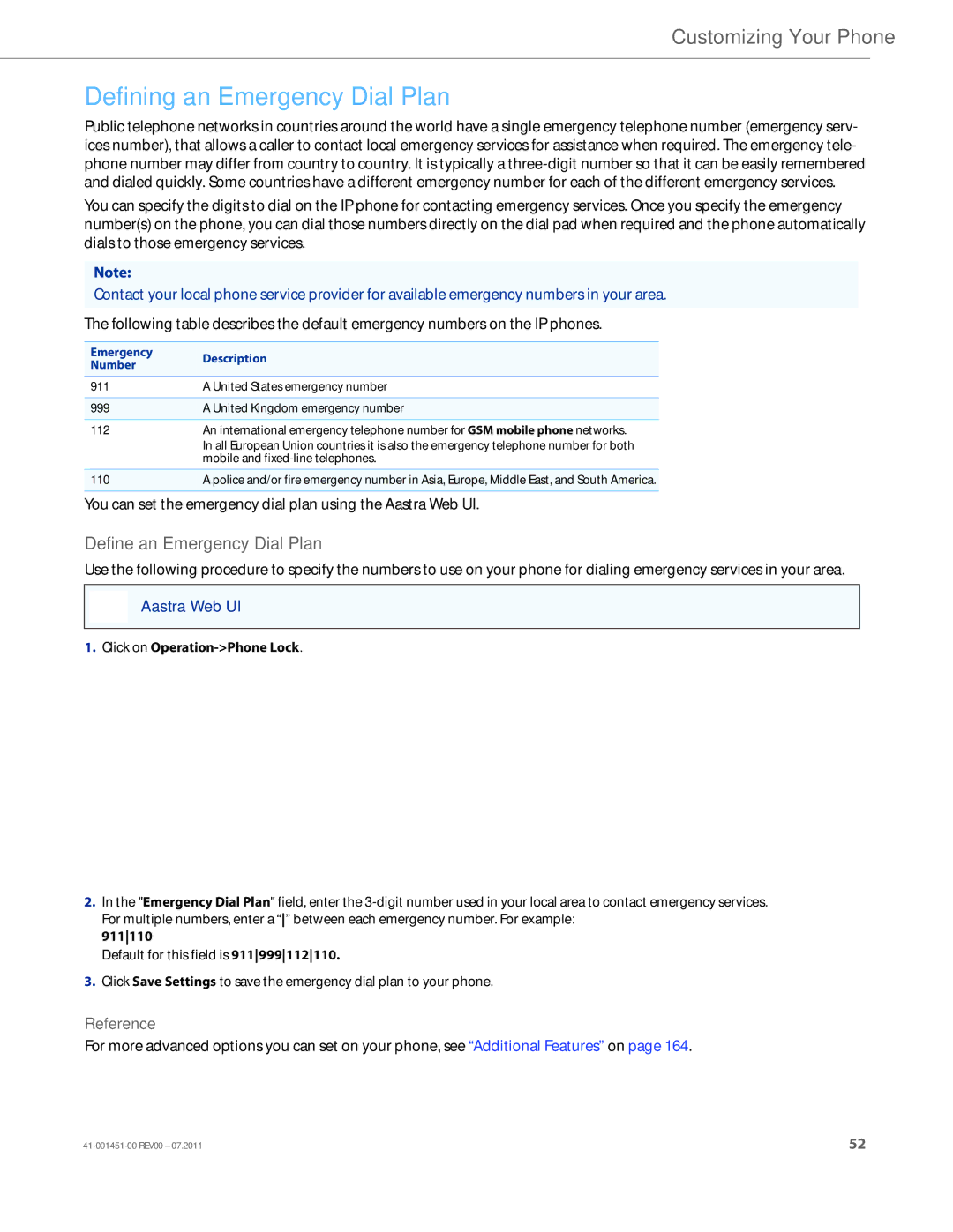 Aastra Telecom 6735I manual Defining an Emergency Dial Plan, Define an Emergency Dial Plan, 911110 