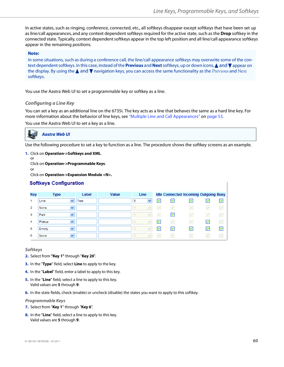 Aastra Telecom 6735I manual Configuring a Line Key, Softkeys, Programmable Keys 