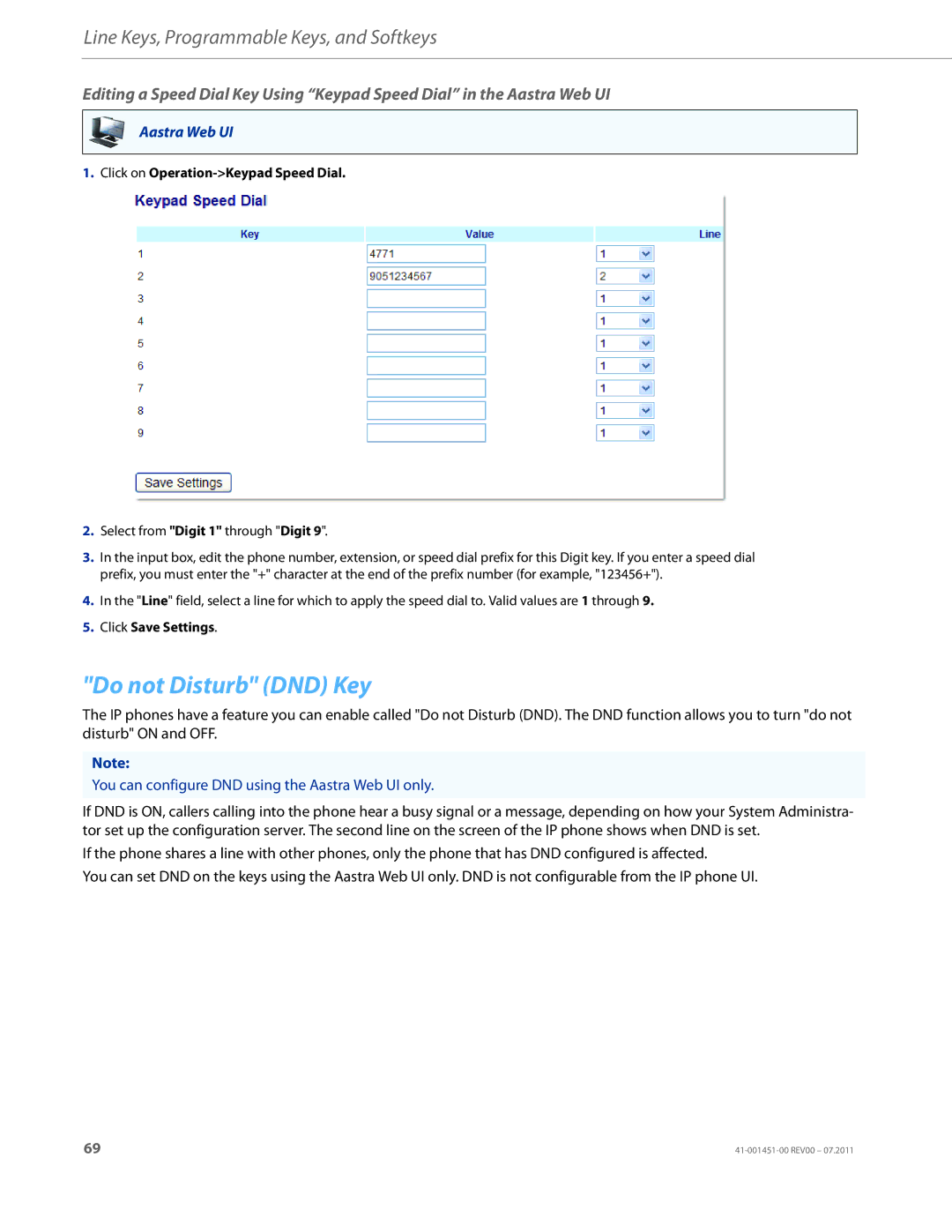 Aastra Telecom 6735I manual Do not Disturb DND Key, You can configure DND using the Aastra Web UI only 