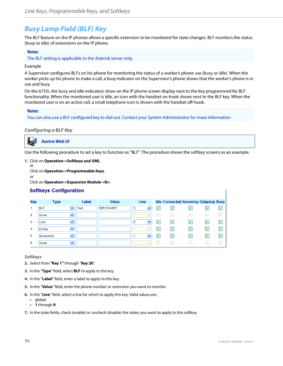 Aastra Telecom 6735I manual Busy Lamp Field BLF Key, Configuring a BLF Key 