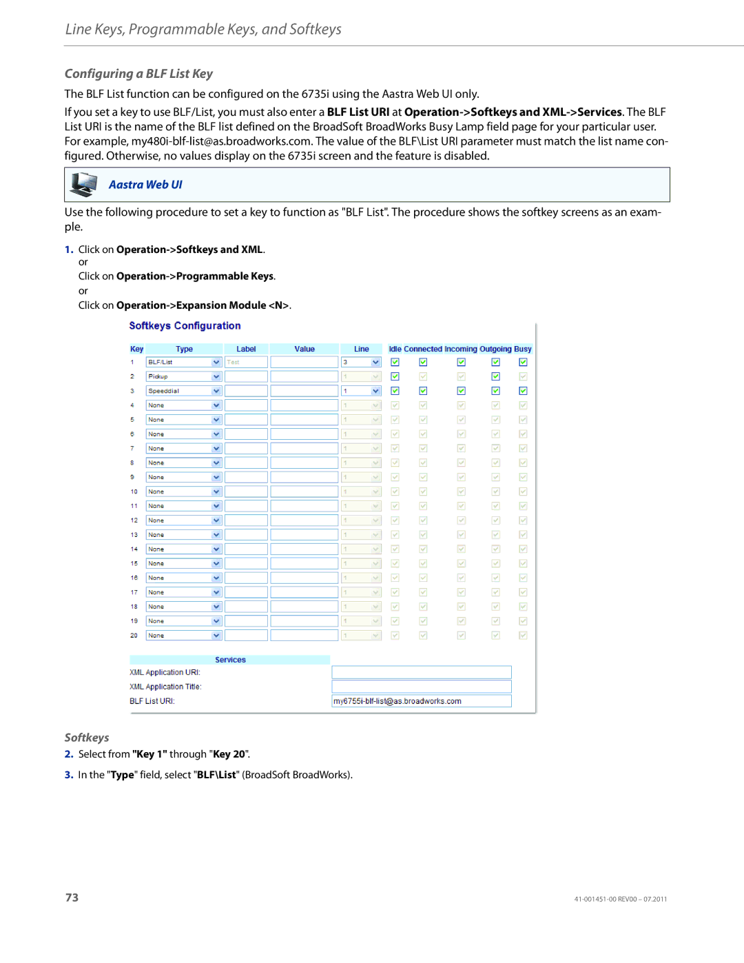 Aastra Telecom 6735I manual Configuring a BLF List Key 