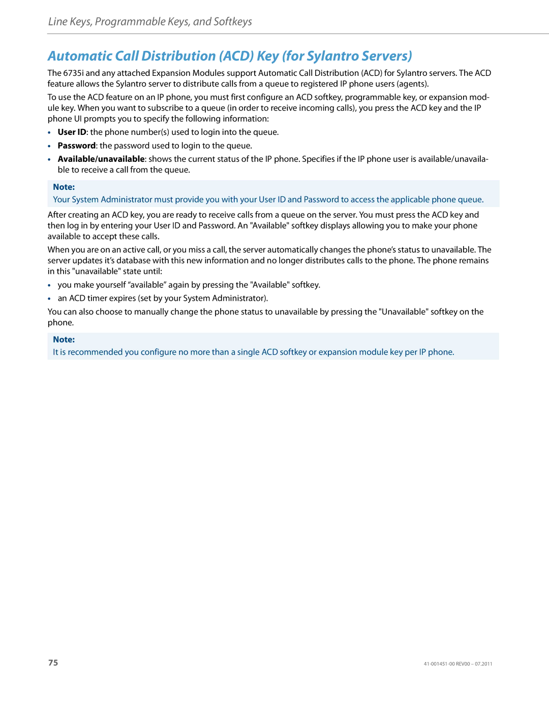 Aastra Telecom 6735I manual Automatic Call Distribution ACD Key for Sylantro Servers 