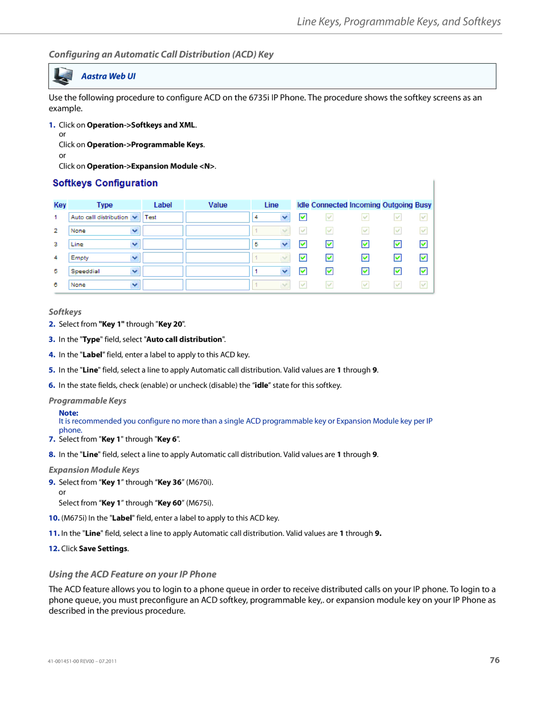 Aastra Telecom 6735I manual Configuring an Automatic Call Distribution ACD Key, Using the ACD Feature on your IP Phone 