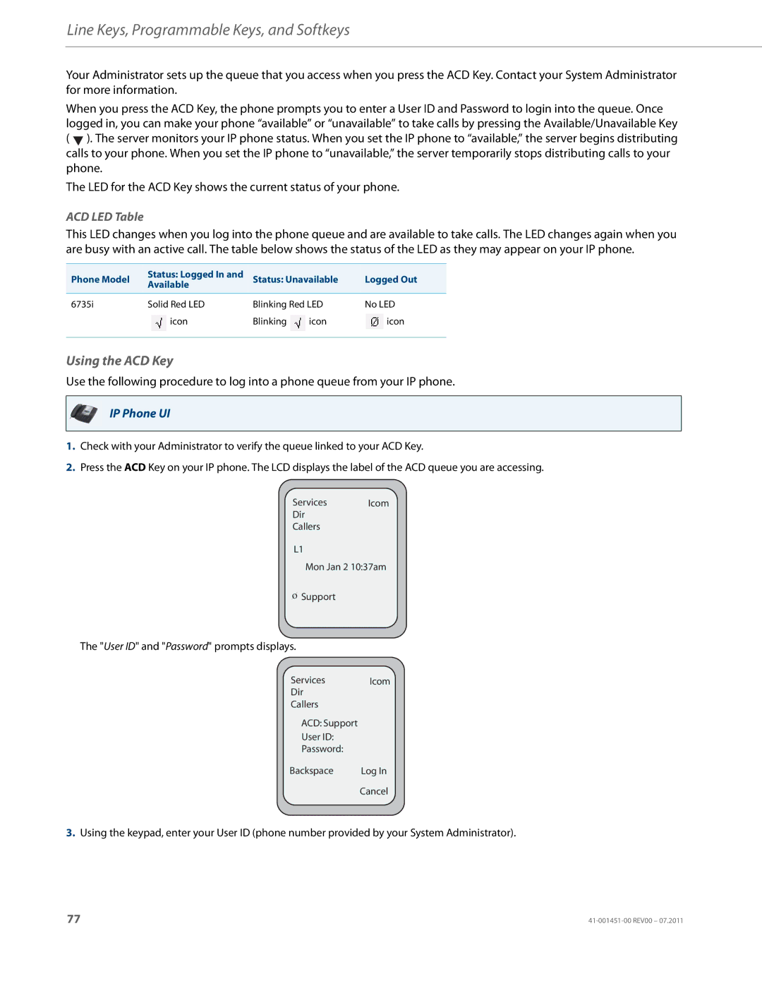 Aastra Telecom 6735I manual Using the ACD Key, ACD LED Table, Phone Model, Status Unavailable Logged Out Available 