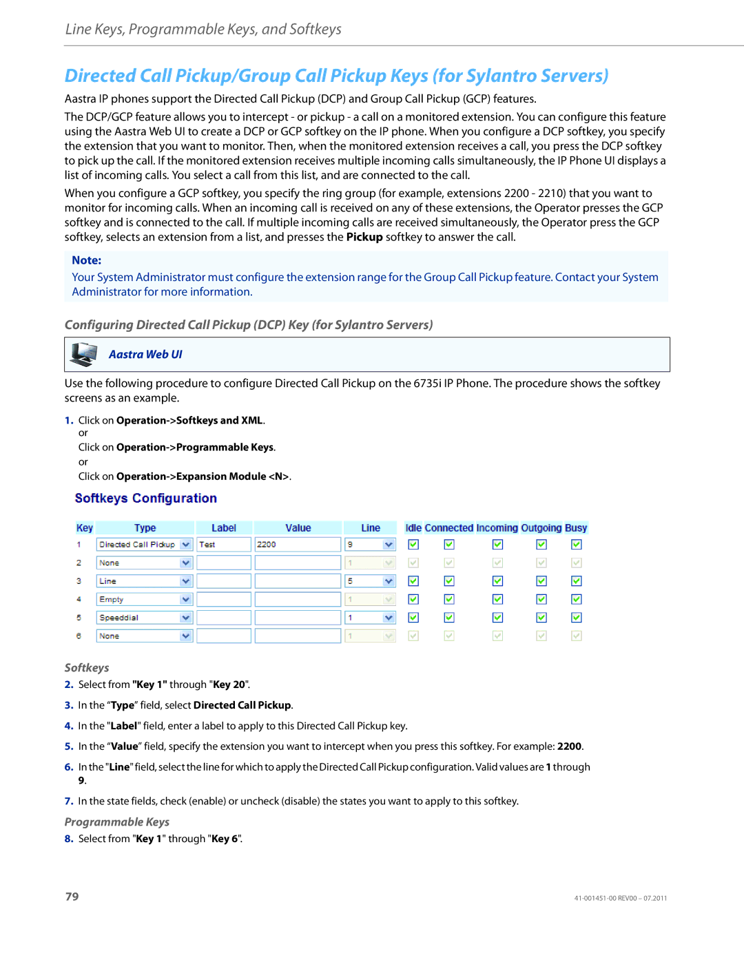 Aastra Telecom 6735I manual Select from Key 1 through Key 