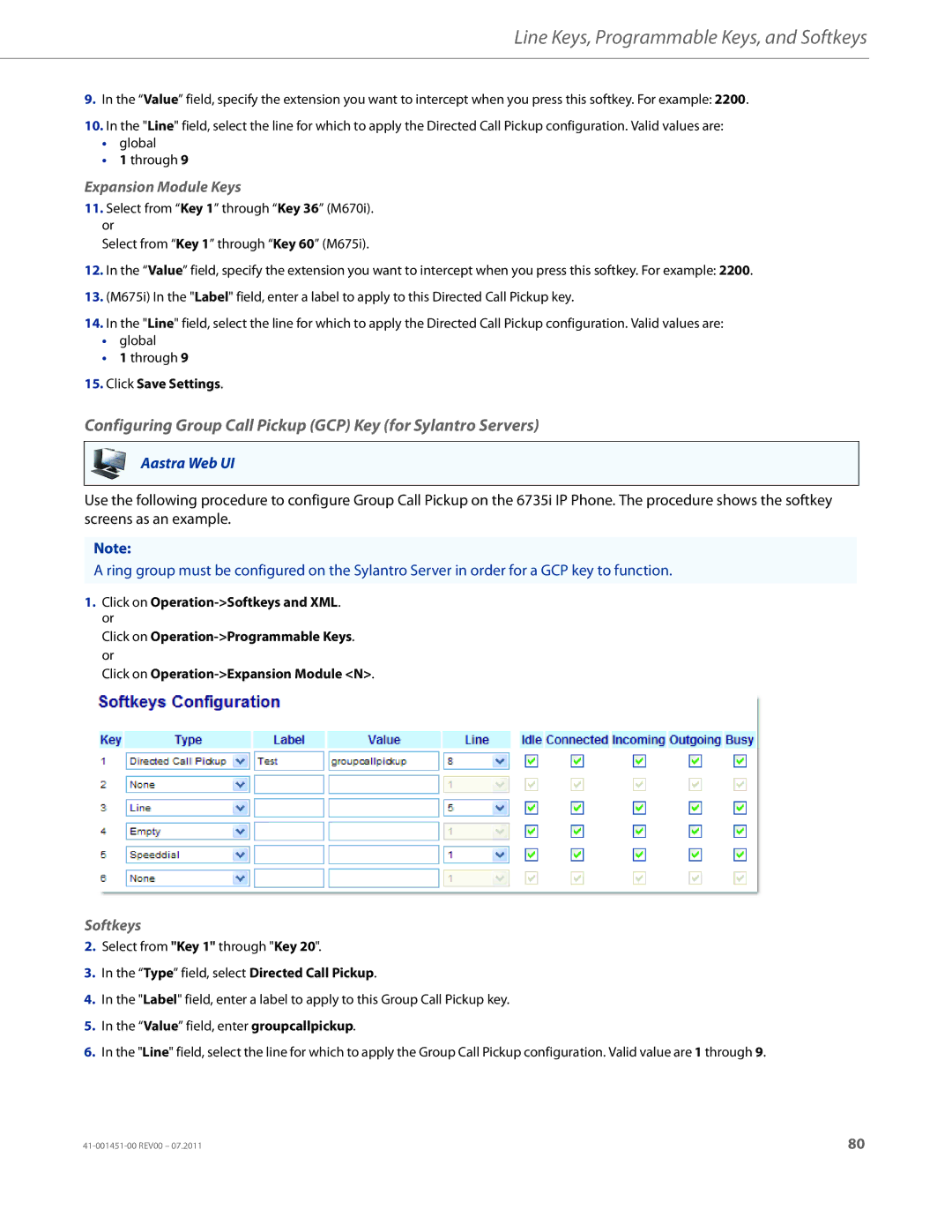 Aastra Telecom 6735I manual Configuring Group Call Pickup GCP Key for Sylantro Servers, Expansion Module Keys 