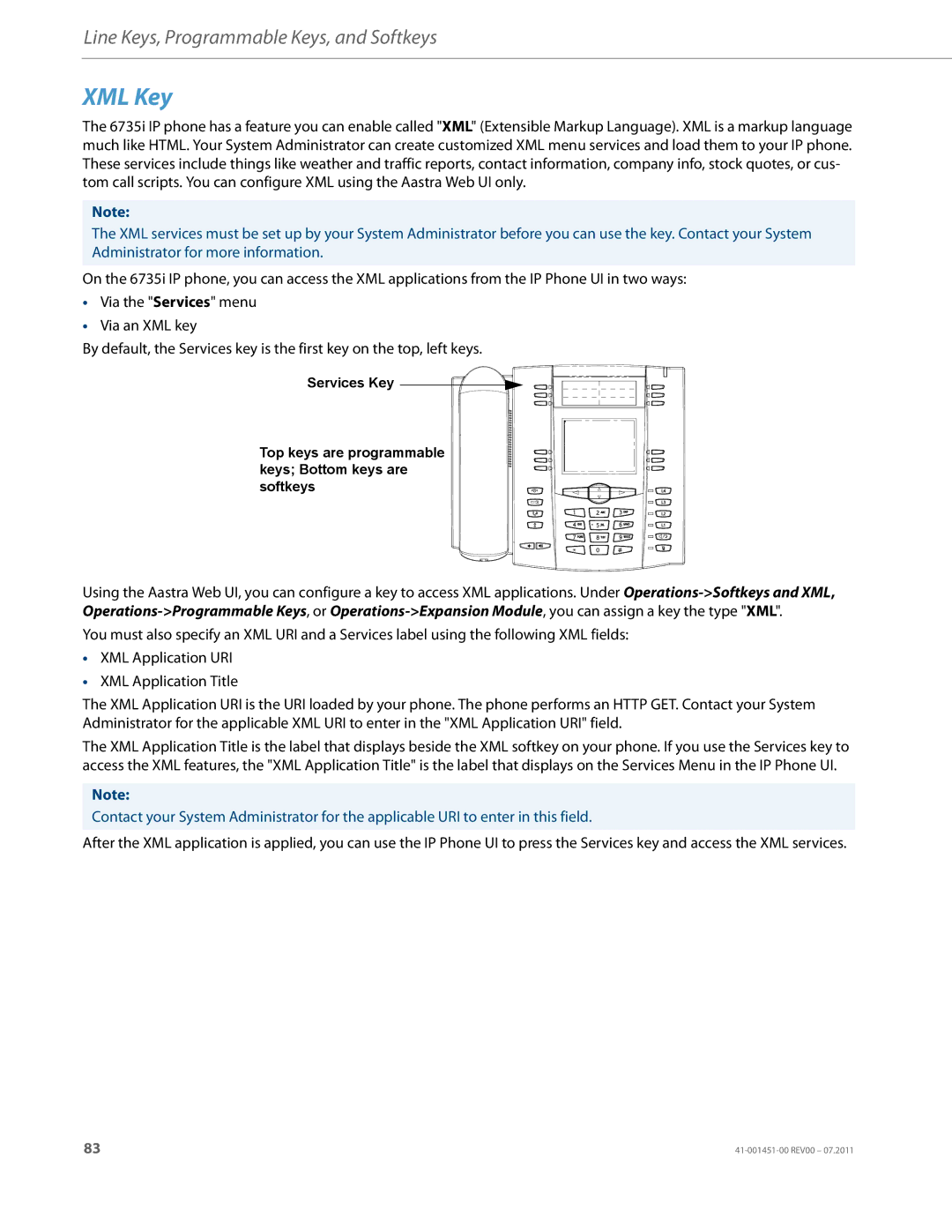 Aastra Telecom 6735I manual XML Key 