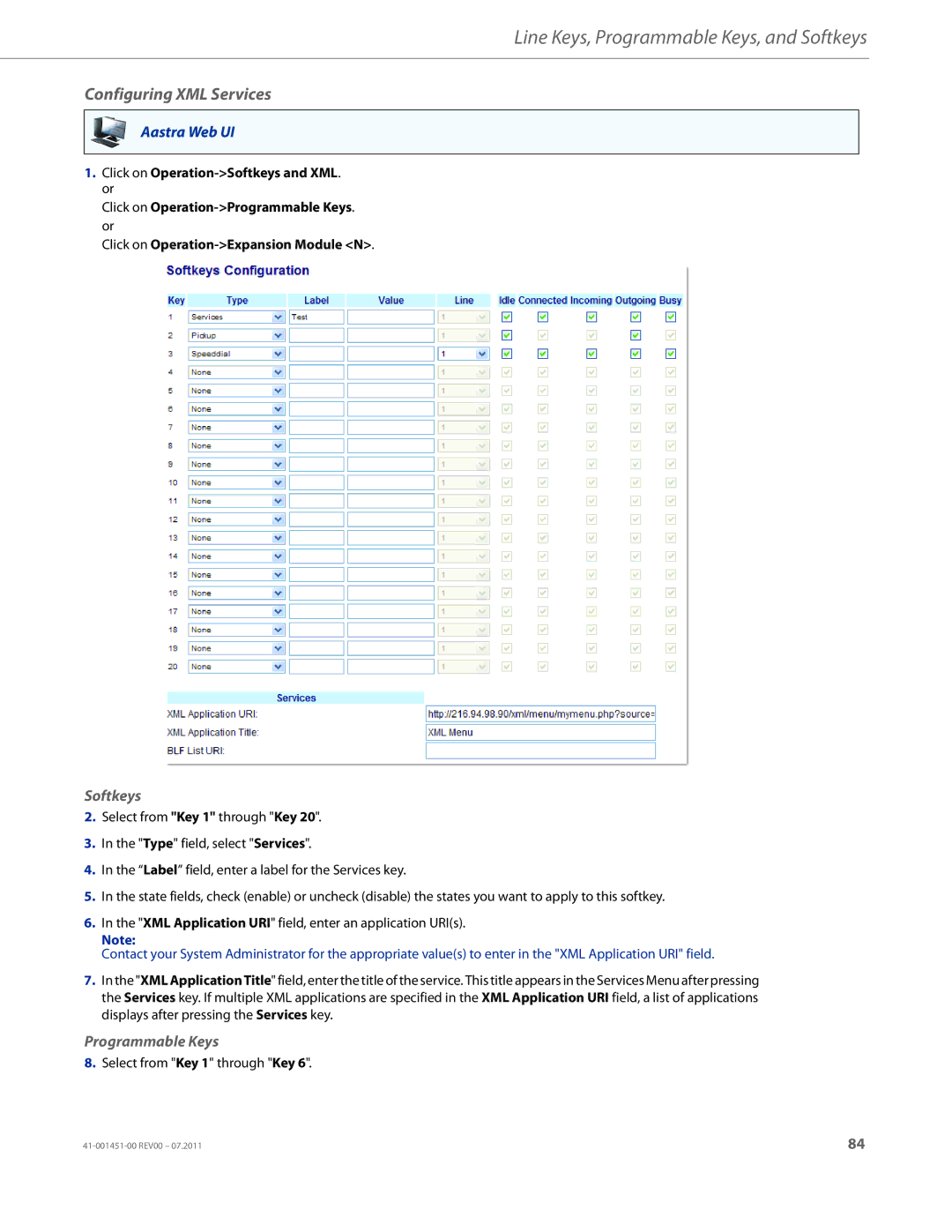 Aastra Telecom 6735I manual Configuring XML Services, Softkeys 