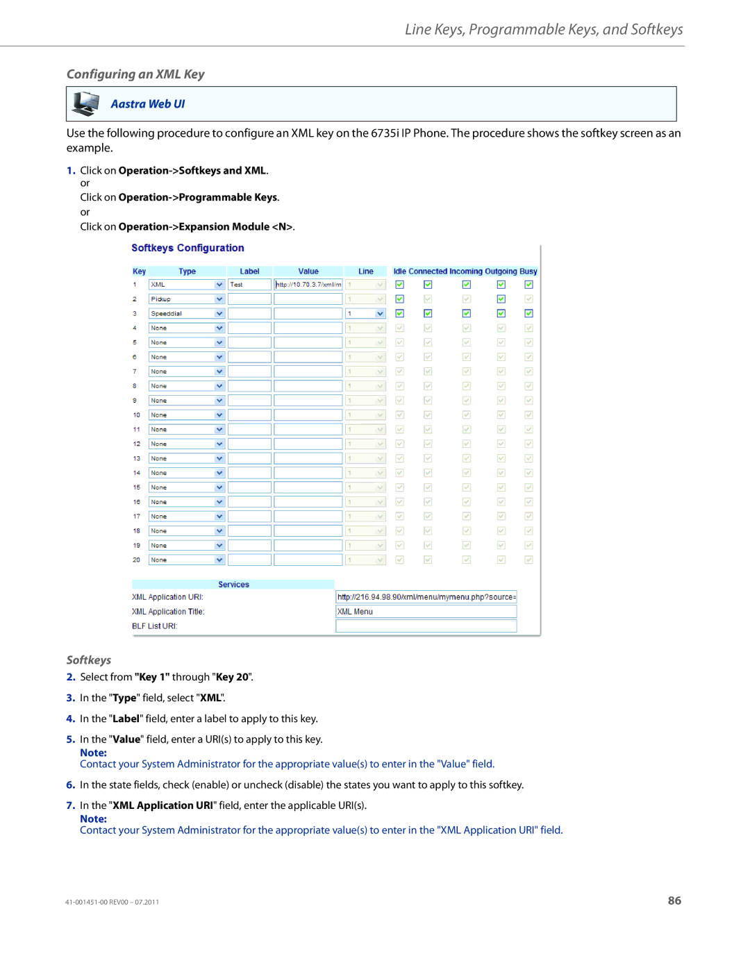 Aastra Telecom 6735I manual Configuring an XML Key 