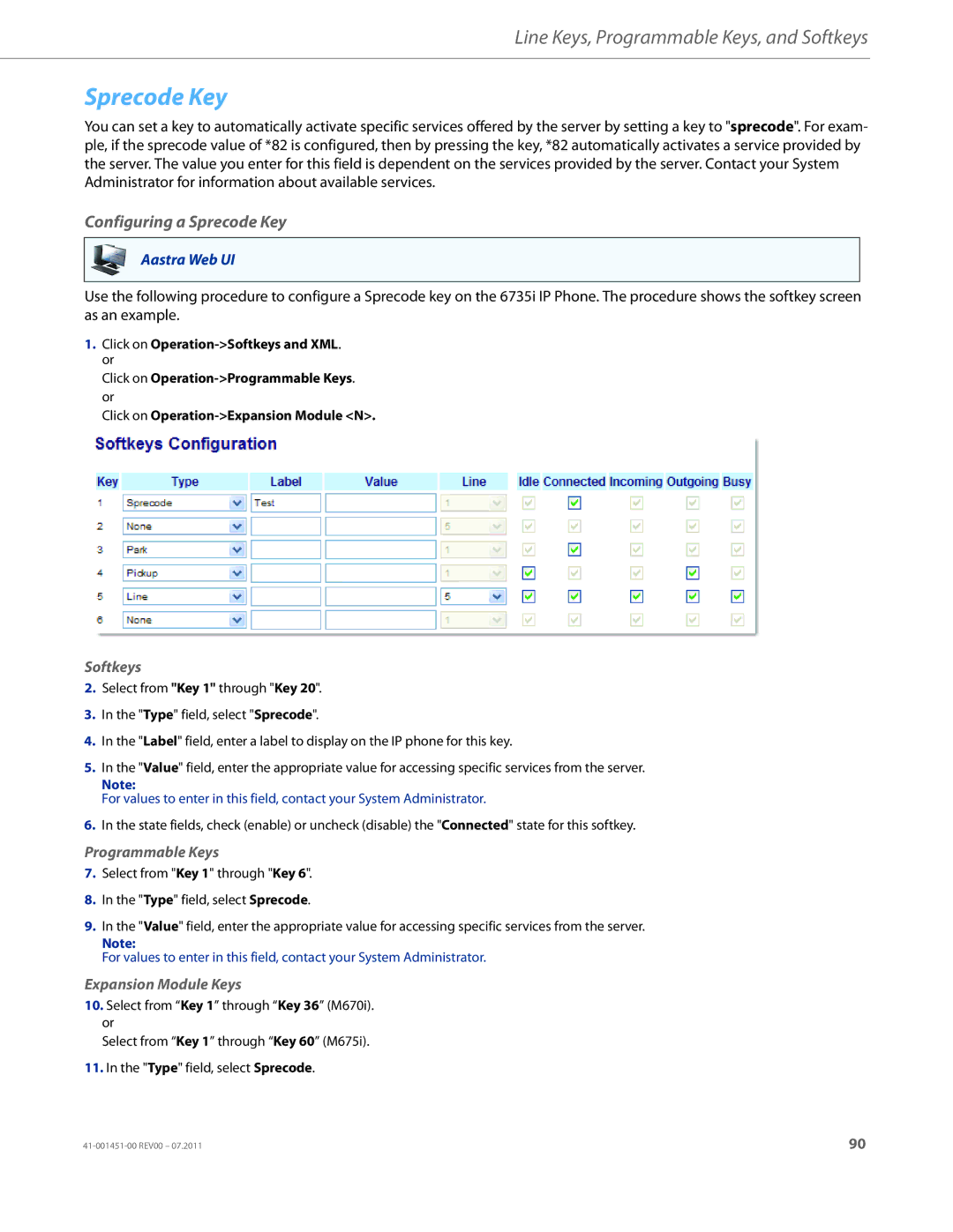 Aastra Telecom 6735I manual Configuring a Sprecode Key 