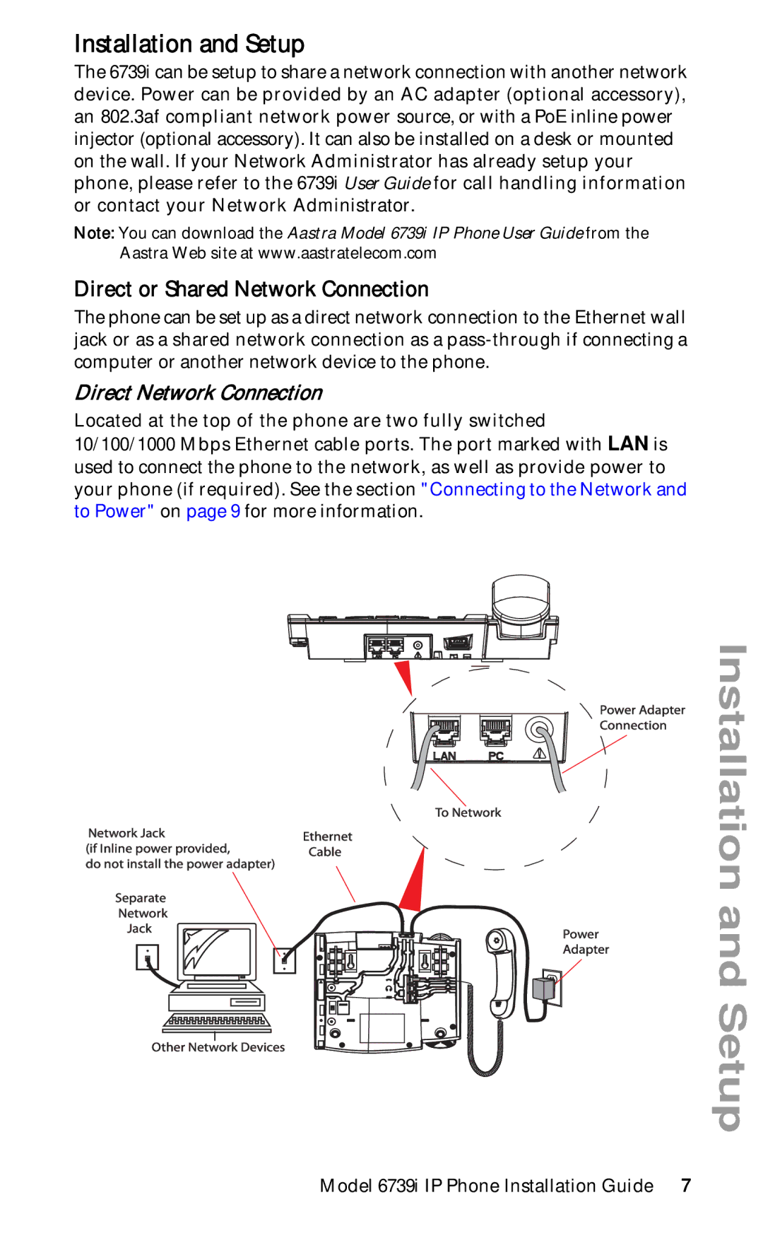 Aastra Telecom 6739I manual Installation and Setup, Direct or Shared Network Connection, Direct Network Connection 