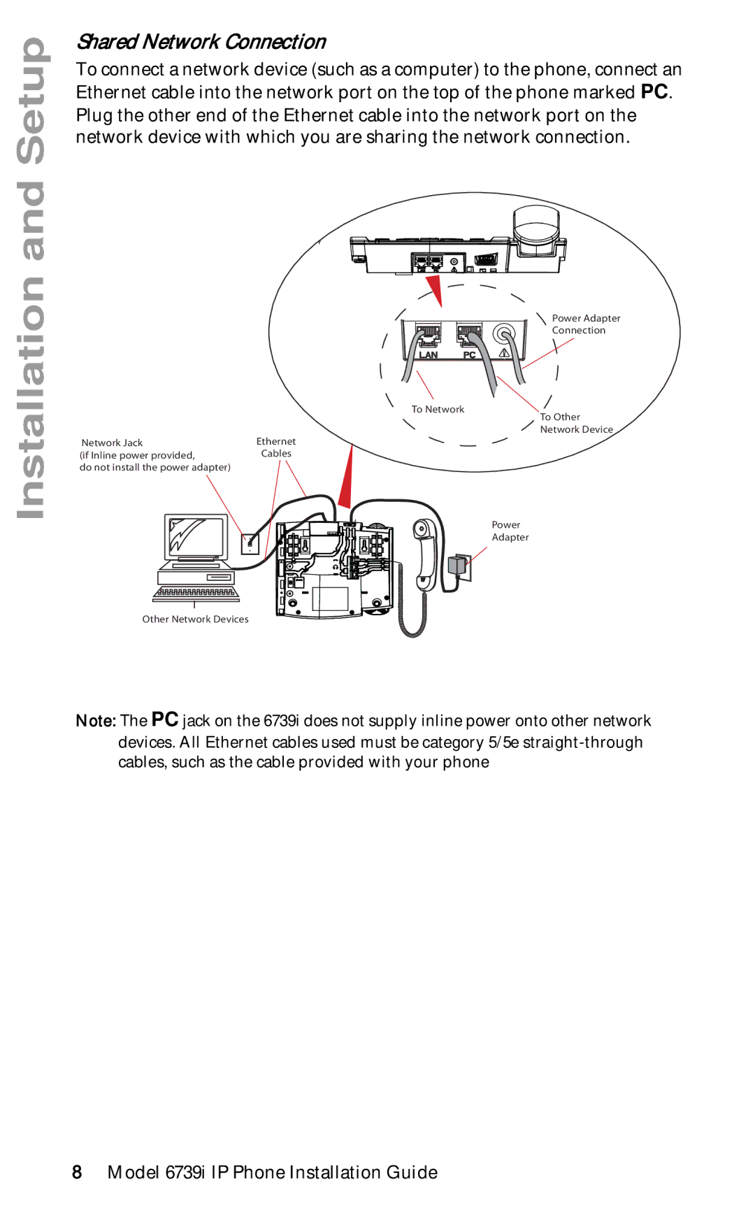 Aastra Telecom 6739I manual Setup, Installation, Shared Network Connection 