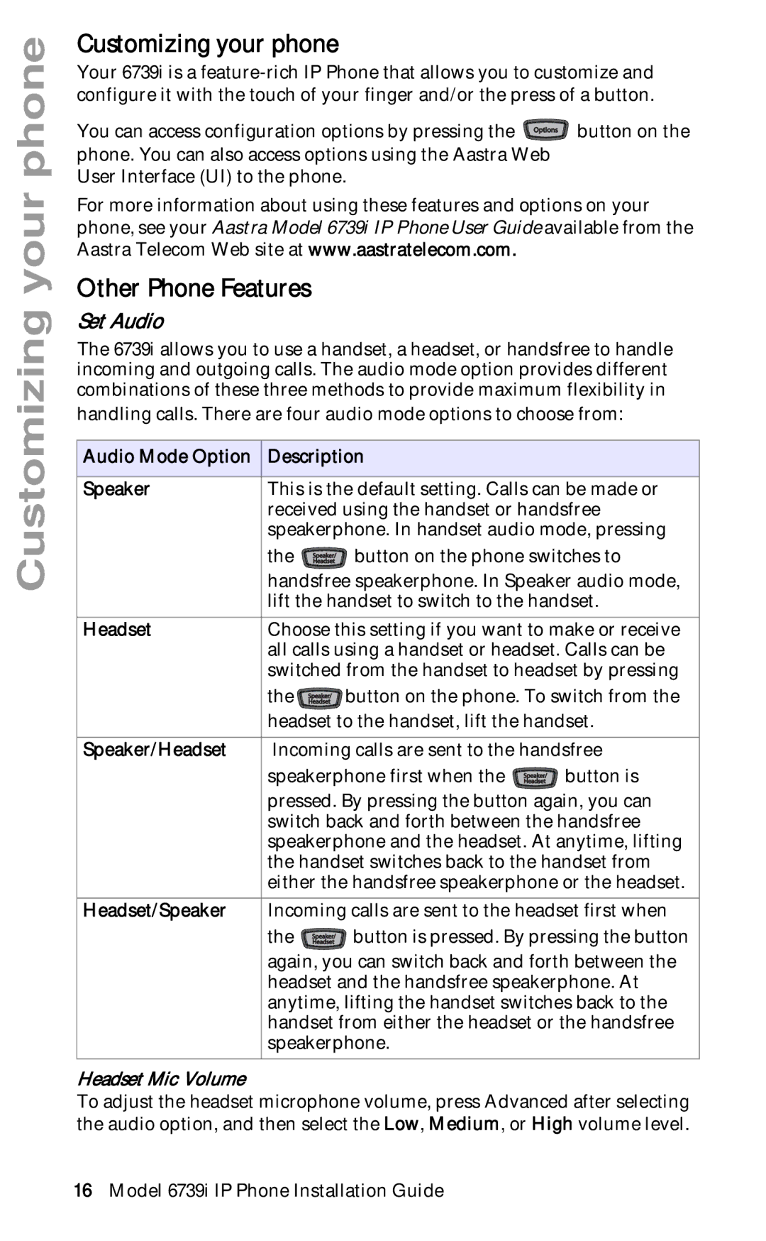 Aastra Telecom 6739I manual Customizing your phone, Other Phone Features, Set Audio 